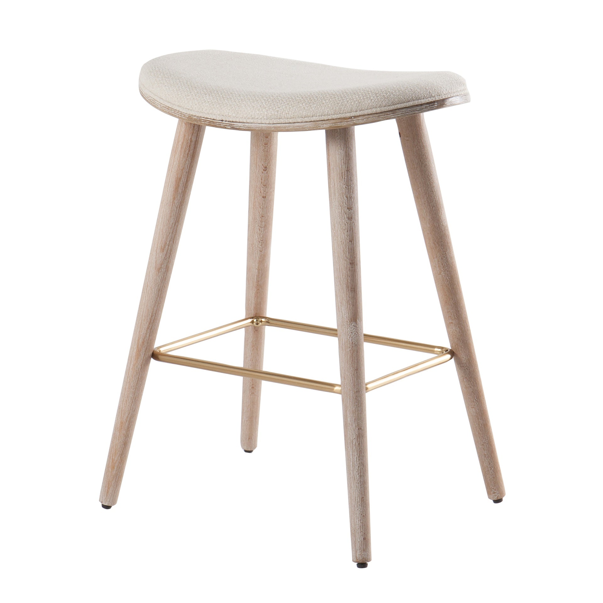 Saddle 26" Contemporary Counter Stool in White Washed Wood and Cream Fabric with Gold Metal by LumiSource - Set of 2