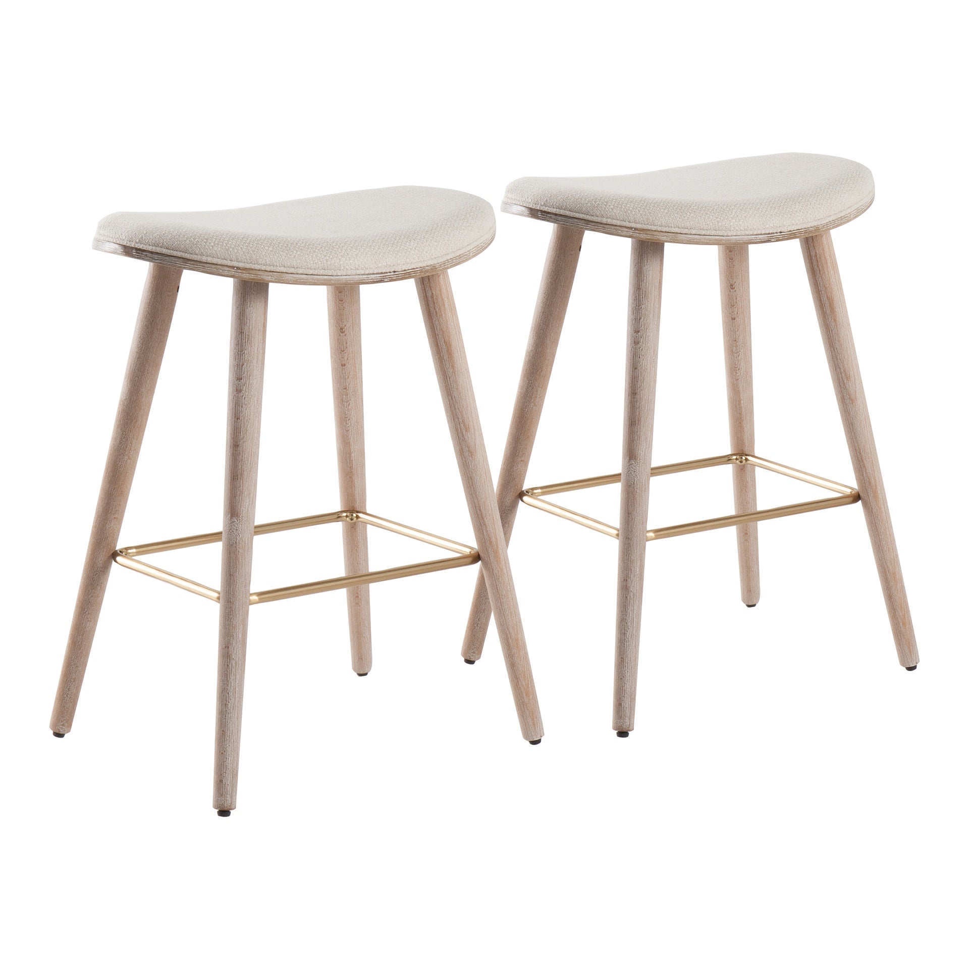Saddle 26" Contemporary Counter Stool in White Washed Wood and Cream Fabric with Gold Metal by LumiSource - Set of 2