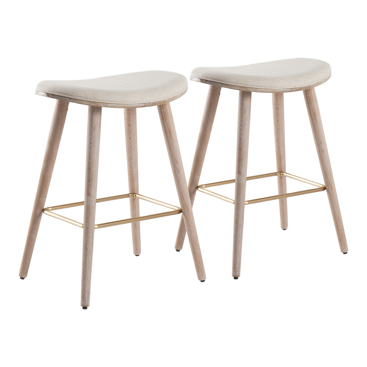 Saddle 26" Contemporary Counter Stool in White Washed Wood and Cream Fabric with Gold Metal by LumiSource - Set of 2