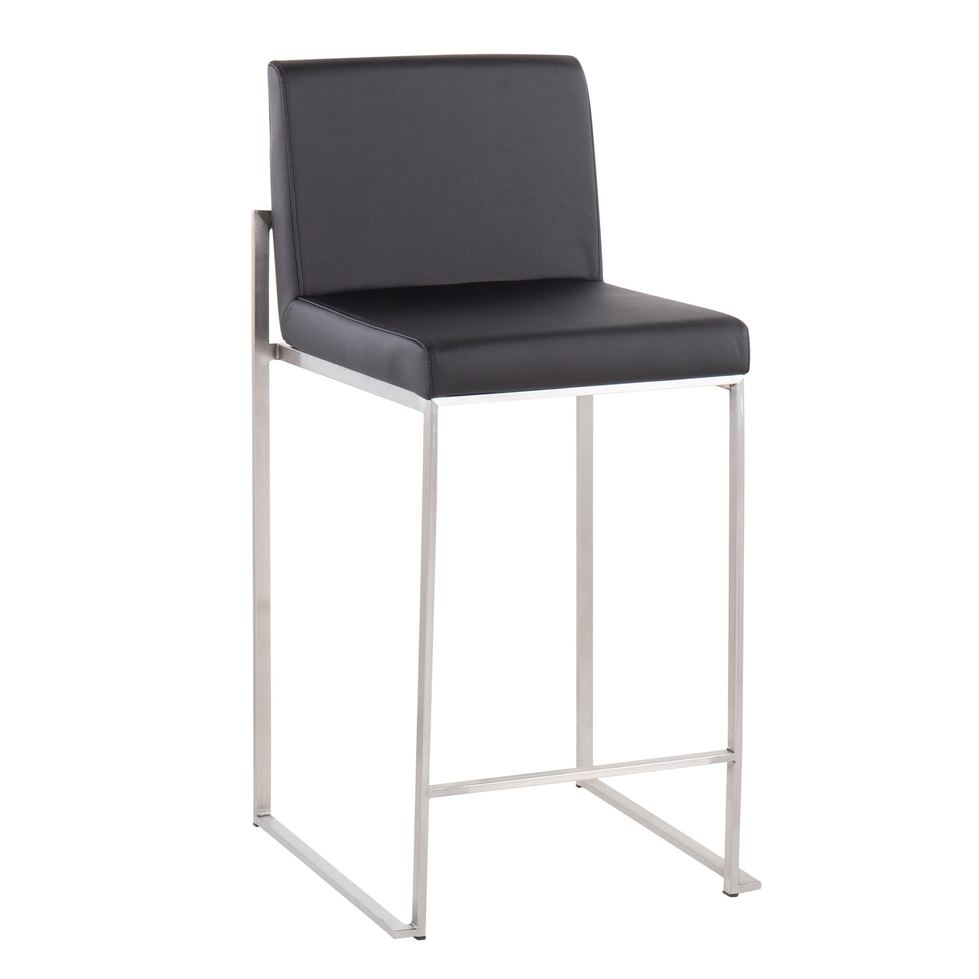Fuji Contemporary High Back Counter Stool in Stainless Steel and Black Faux Leather by LumiSource - Set of 2
