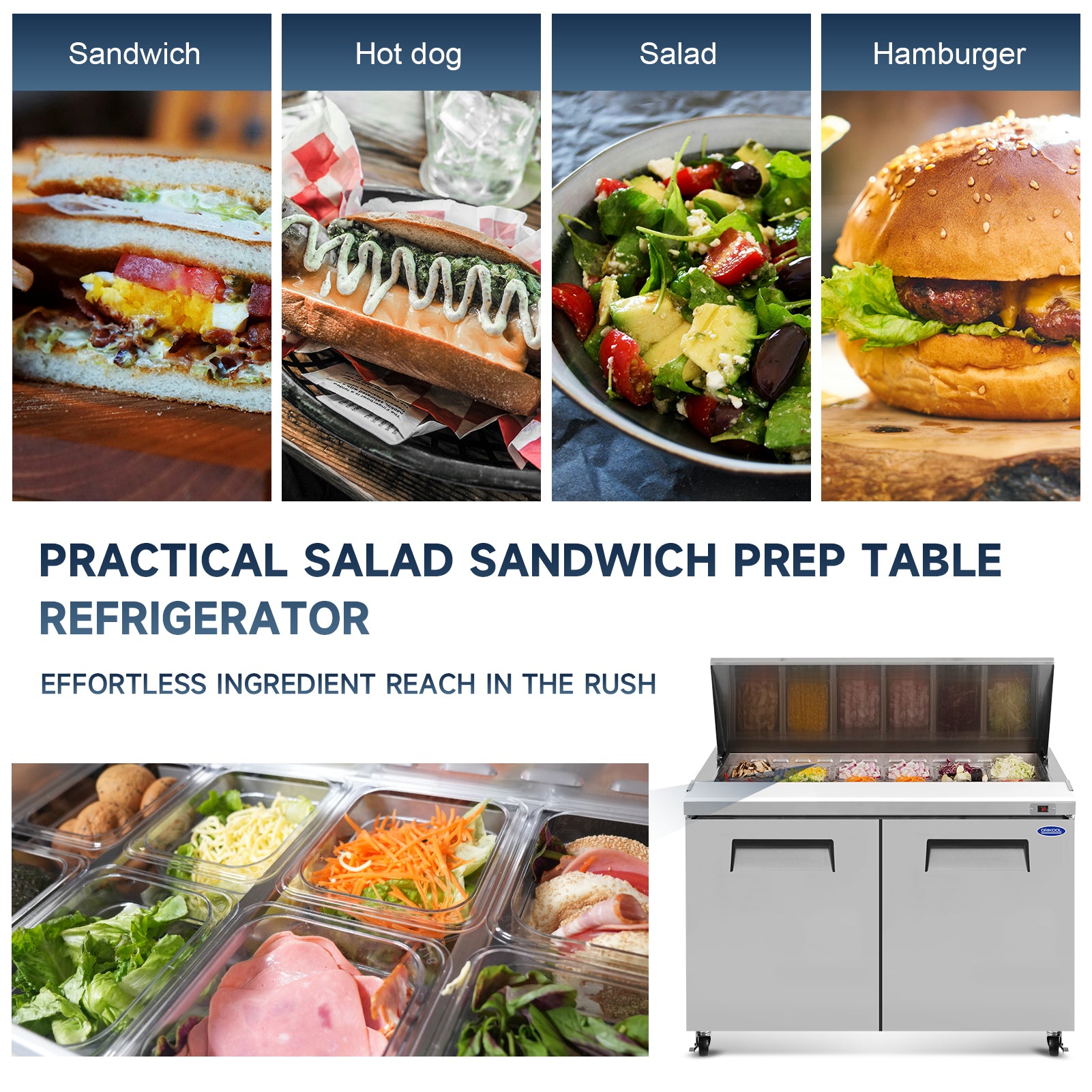 Orikool 48 IN Commercial Refrigerators Sandwich&Salad Prep Table with a Butcher Block Cutting Board, Protection Lid, Cold Storage, ETL Certified