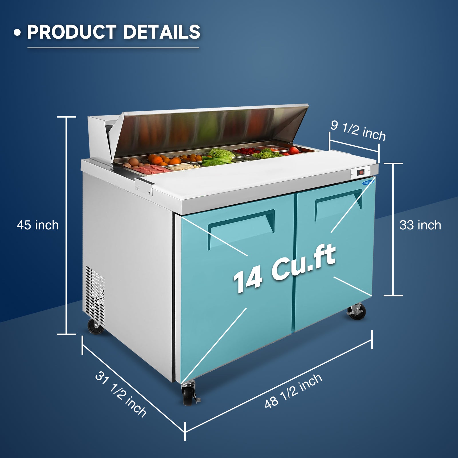 Orikool 48 IN Commercial Refrigerators Sandwich&Salad Prep Table with a Butcher Block Cutting Board, Protection Lid, Cold Storage, ETL Certified