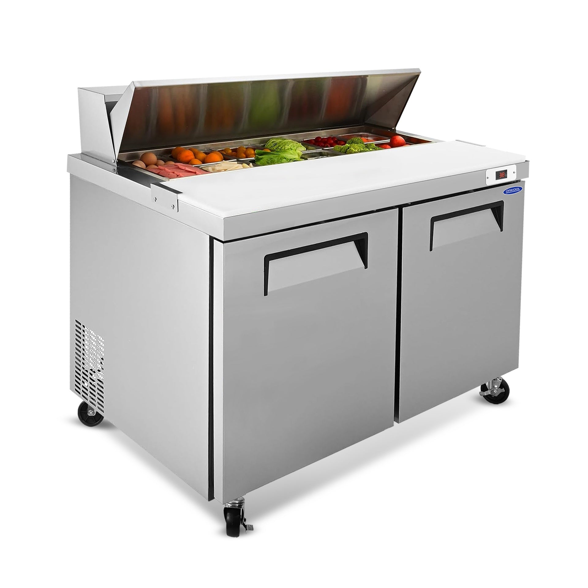 Orikool 48 IN Commercial Refrigerators Sandwich&Salad Prep Table with a Butcher Block Cutting Board, Protection Lid, Cold Storage, ETL Certified