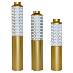 Decorative Metal Vases Set of 3, Gold and White Hexagonal Pattern Floor Vases, 32.6 28.34 24 Inch Tall for Home Decor, Modern Farmhouse or Glam Living Room Entryway Centerpiece (5.59in Base)