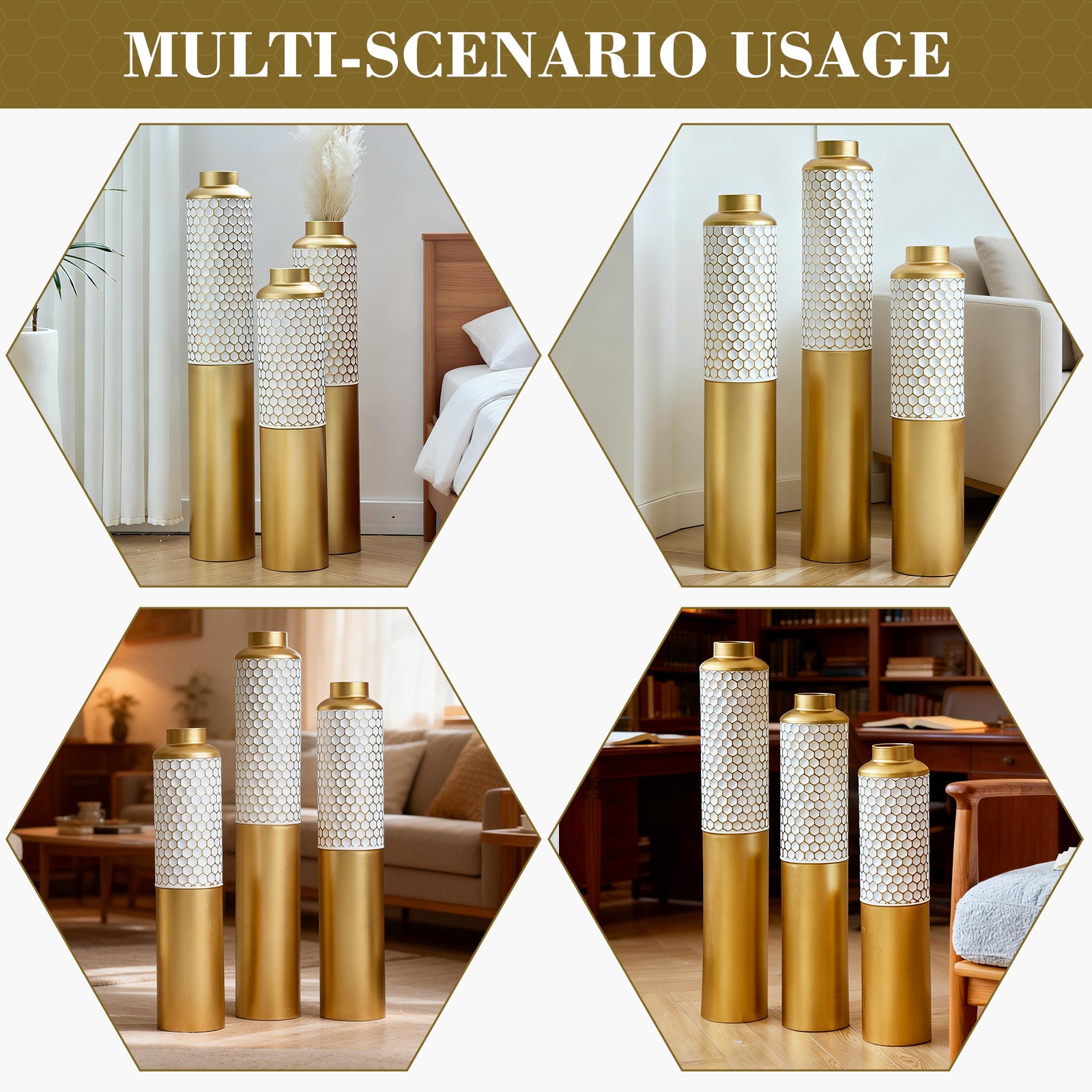 Decorative Metal Vases Set of 3, Gold and White Hexagonal Pattern Floor Vases, 32.6 28.34 24 Inch Tall for Home Decor, Modern Farmhouse or Glam Living Room Entryway Centerpiece (5.59in Base)