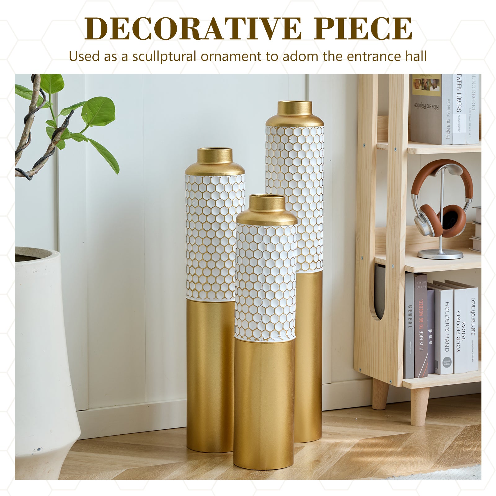 Decorative Metal Vases Set of 3, Gold and White Hexagonal Pattern Floor Vases, 32.6 28.34 24 Inch Tall for Home Decor, Modern Farmhouse or Glam Living Room Entryway Centerpiece (5.59in Base)