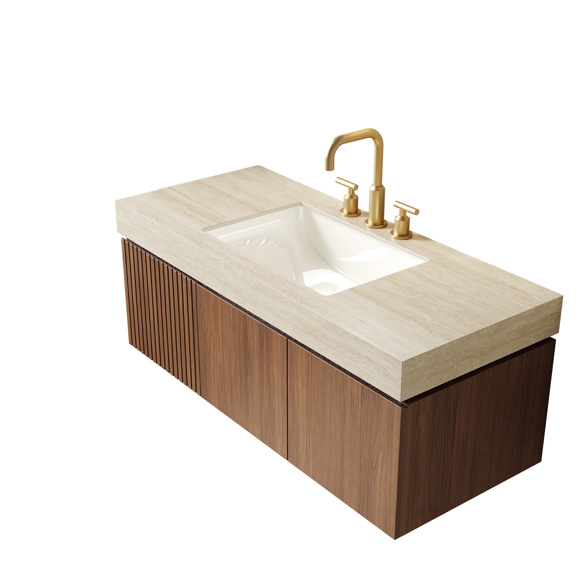 48" MURI Roma Travertine-Pattern Sintered Stone Countertop and Undermount Ceramic Basin with Three Standard Pre-drilled Faucet Holes, NO Cabinet, NO Faucet and Sink Cover