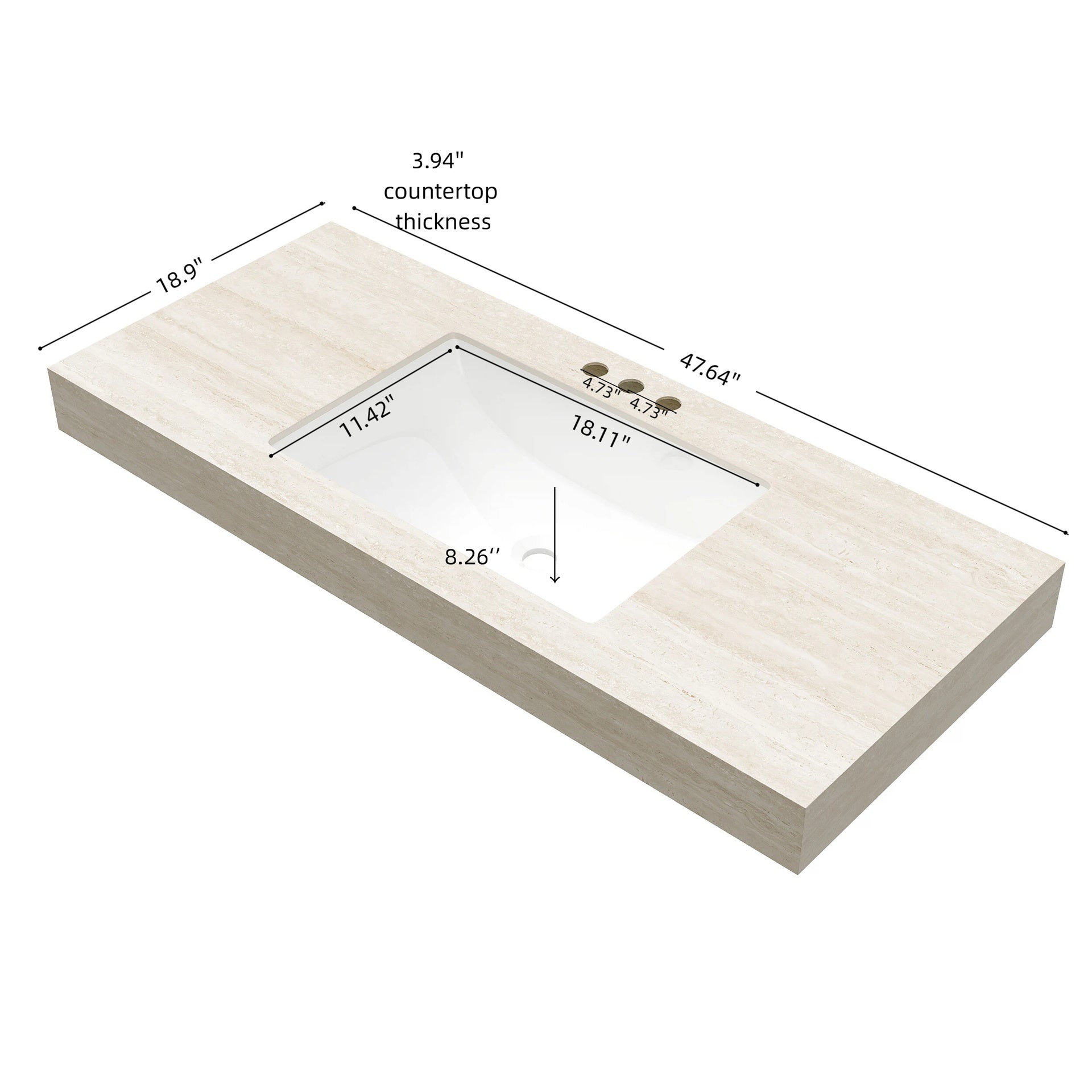 48" MURI Roma Travertine-Pattern Sintered Stone Countertop and Undermount Ceramic Basin with Three Standard Pre-drilled Faucet Holes, NO Cabinet, NO Faucet and Sink Cover
