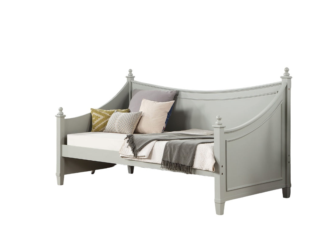 Light Gray Finish Transitional Style Molding Design Twin Daybed Mattress Ready Poster Design With Finials Solid Wood Structure