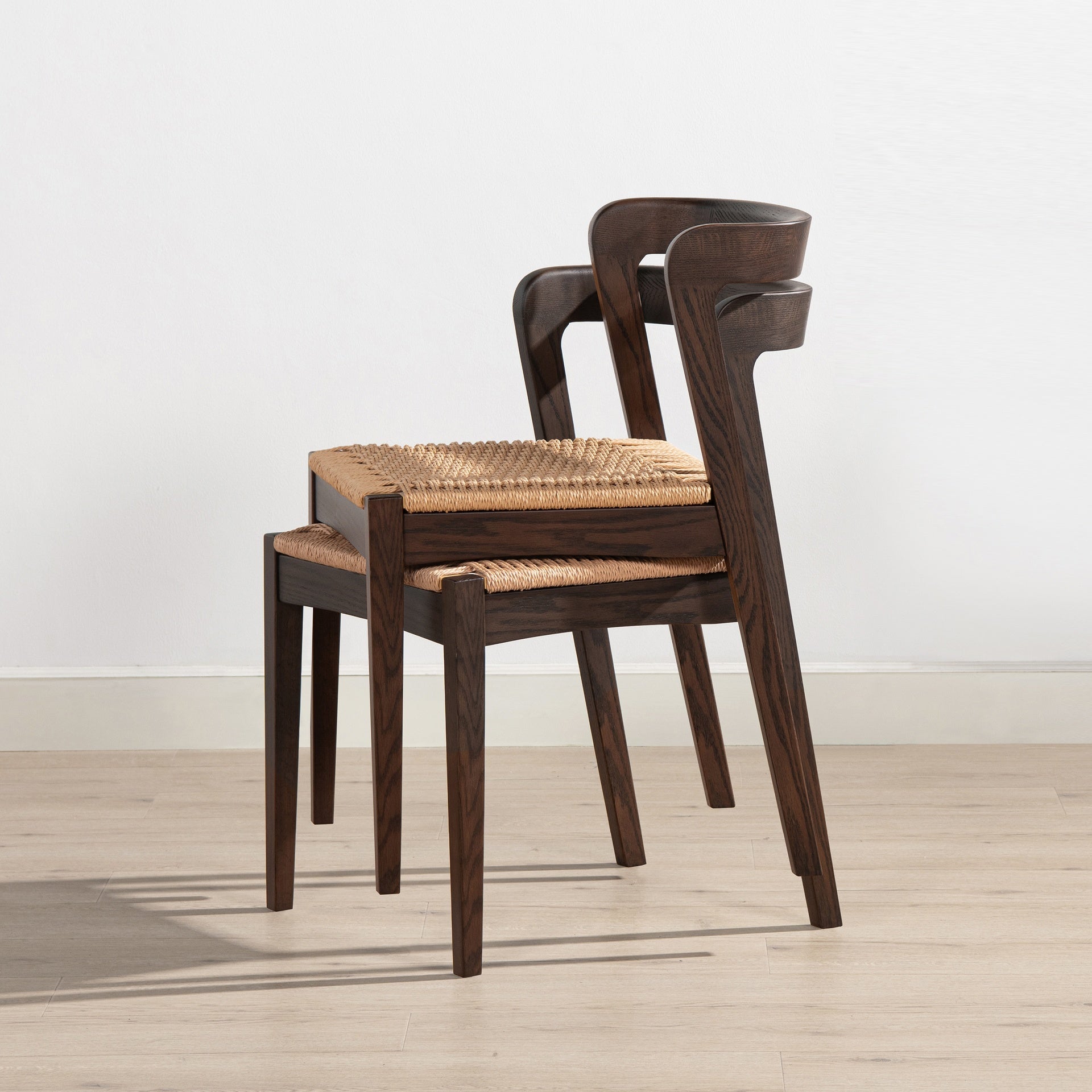 Capri Woven Seat Oak Wood Dining Chair Dark Brown Red Oak