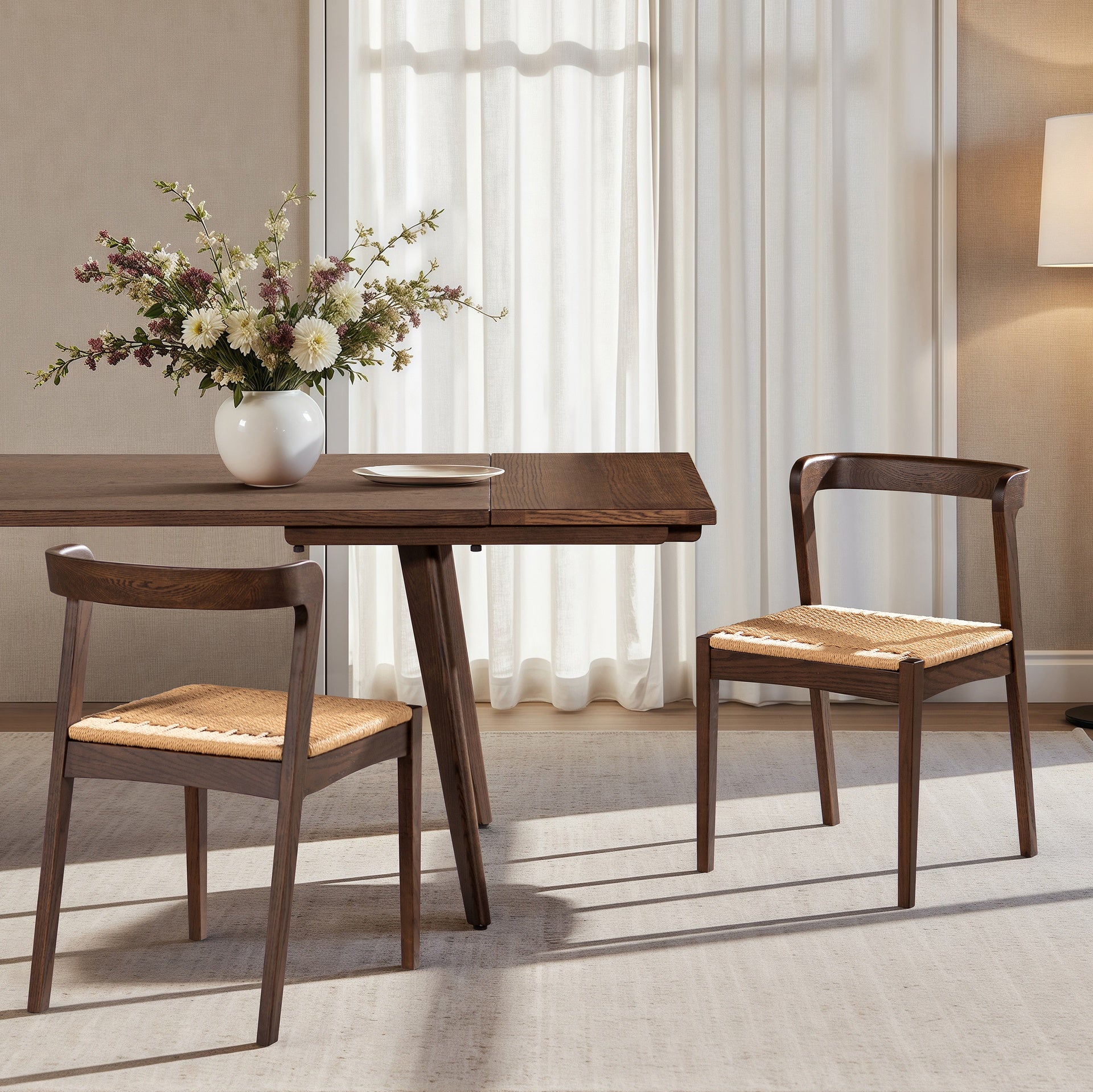 Capri Woven Seat Oak Wood Dining Chair Dark Brown Red Oak