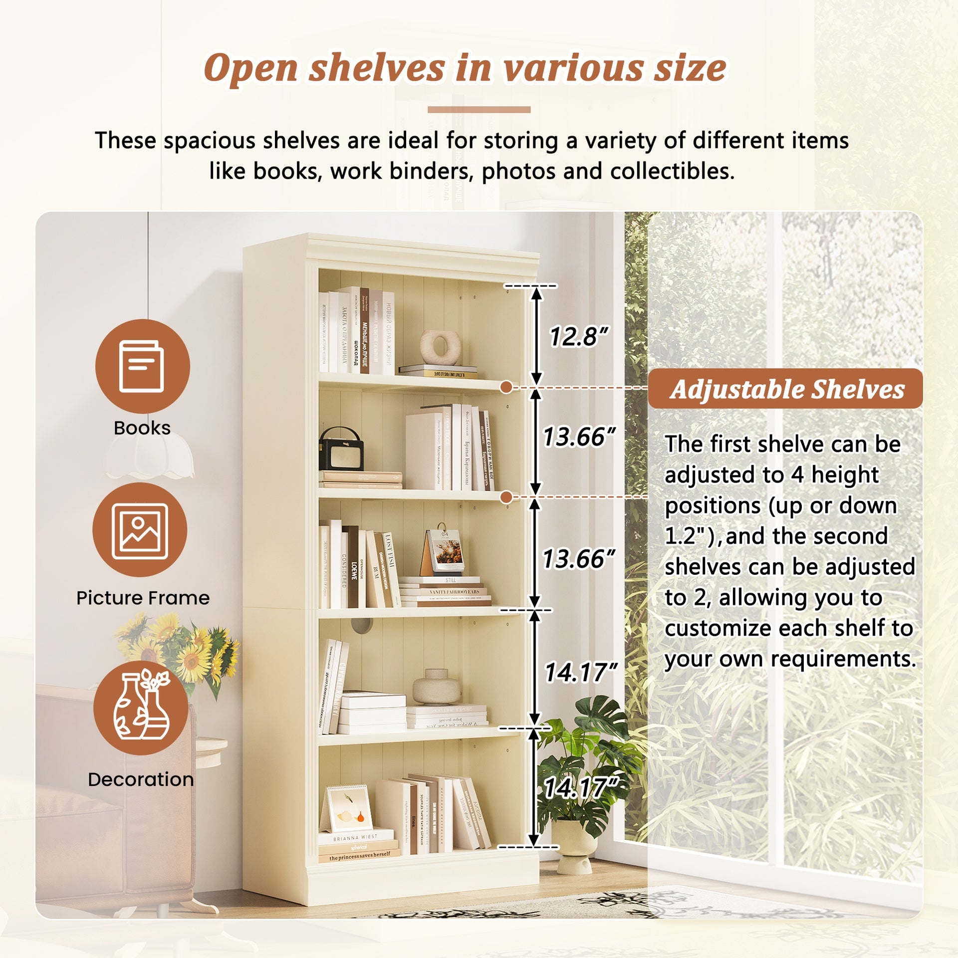 83.4" Tall Wood Bookcase with light strip,5-Tier Decor Bookshelves with Adjustable Shelves,Storage Organizer for CDs/Books,Free Standing Storage Shelves for Living Room,Home Office,Beige and Yellow