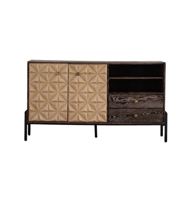 56.30" Mid-Century Modern Sideboard Cabinet - Solid Wood & MDF 3D Geometric Pattern Buffet, 2 Doors + 2 Drawers Storage Console Table for Living Room/Dining Room (Black Metal Legs)