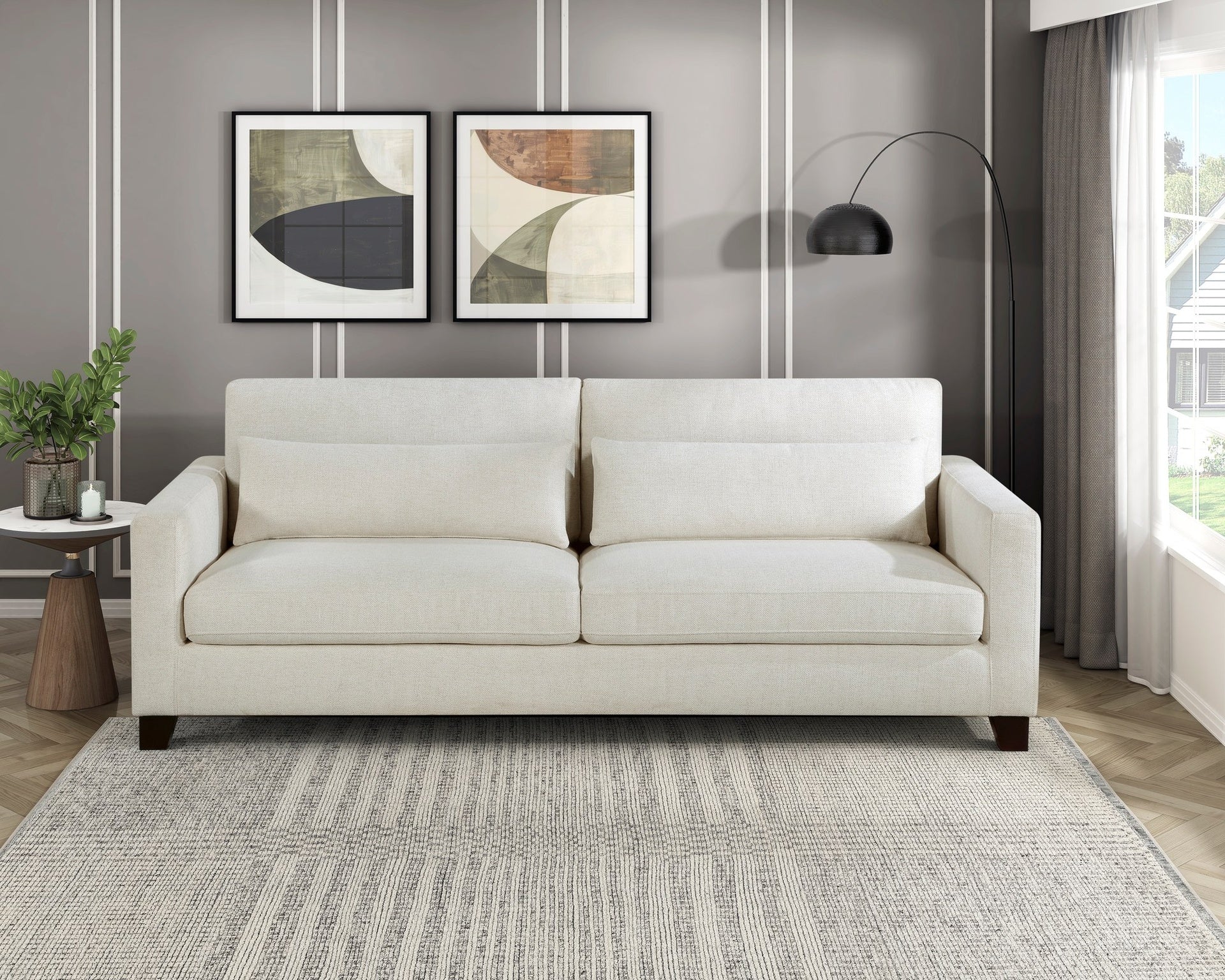 Ivory Fabric Upholstered Sofa with Pillows Cushion Seat and Back Modern Living Room Furniture 1pc Solid Wood Legs