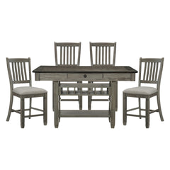 Antique Gray Dining Furniture Counter Height Table w Drawers Wine Rack Shelf and 4x Counter Height Chairs 5pc Dining Set Classic Style