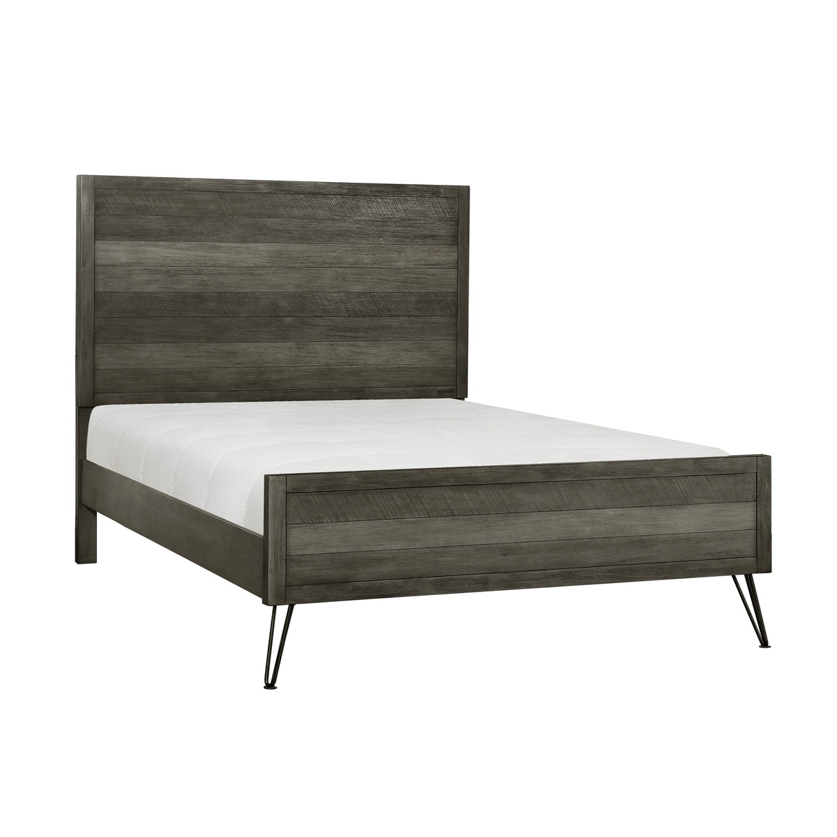 Contemporary Full Bed Solid Acacia Wood Metal Legs Slat Design Paneling 3-tone Gray Finish Bedroom Furniture 1pc
