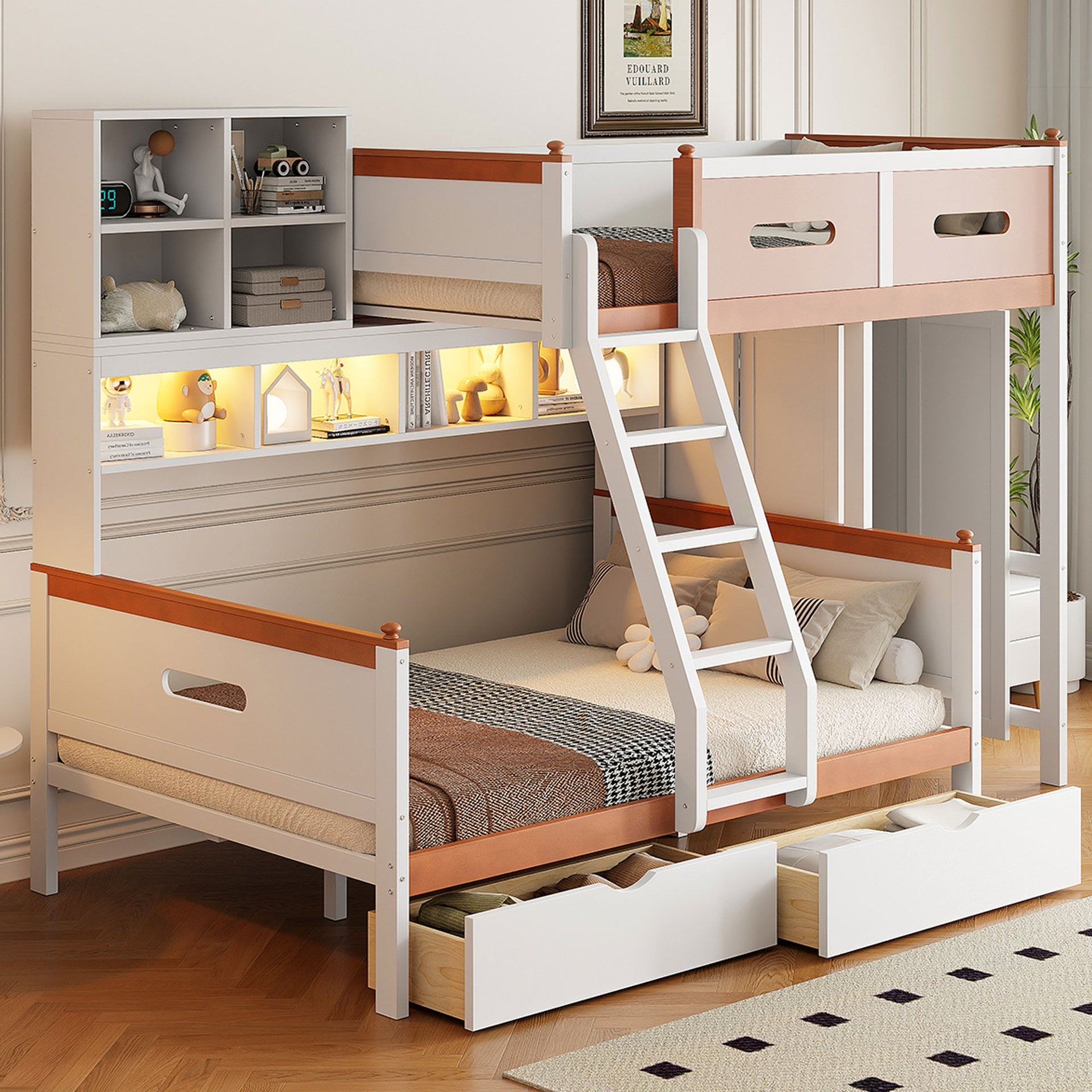 Twin Over Full Wooden Bunk Bed with Wardrobe, Drawers, Shelves and LED light(White+Orange)