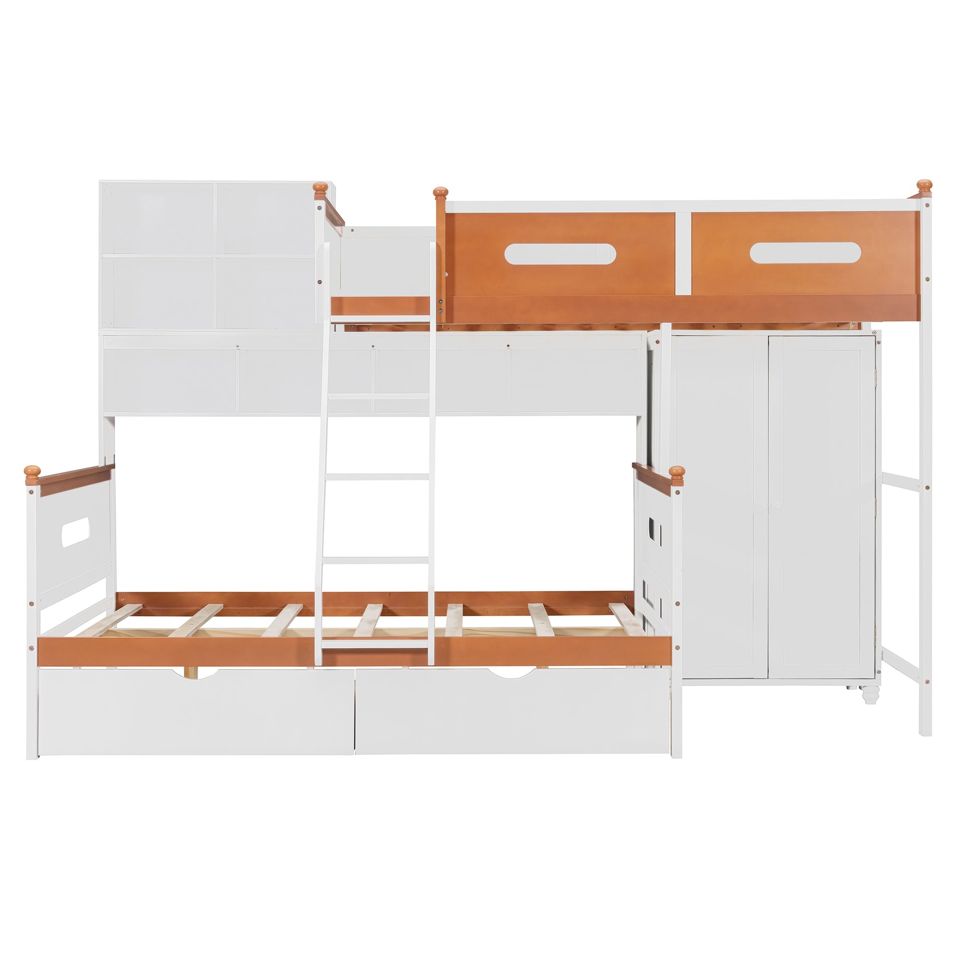 Twin Over Full Wooden Bunk Bed with Wardrobe, Drawers, Shelves and LED light(White+Orange)