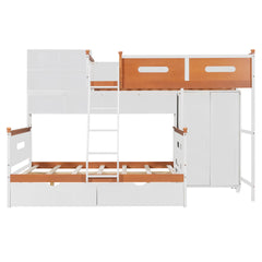 Twin Over Full Wooden Bunk Bed with Wardrobe, Drawers, Shelves and LED light(White+Orange)