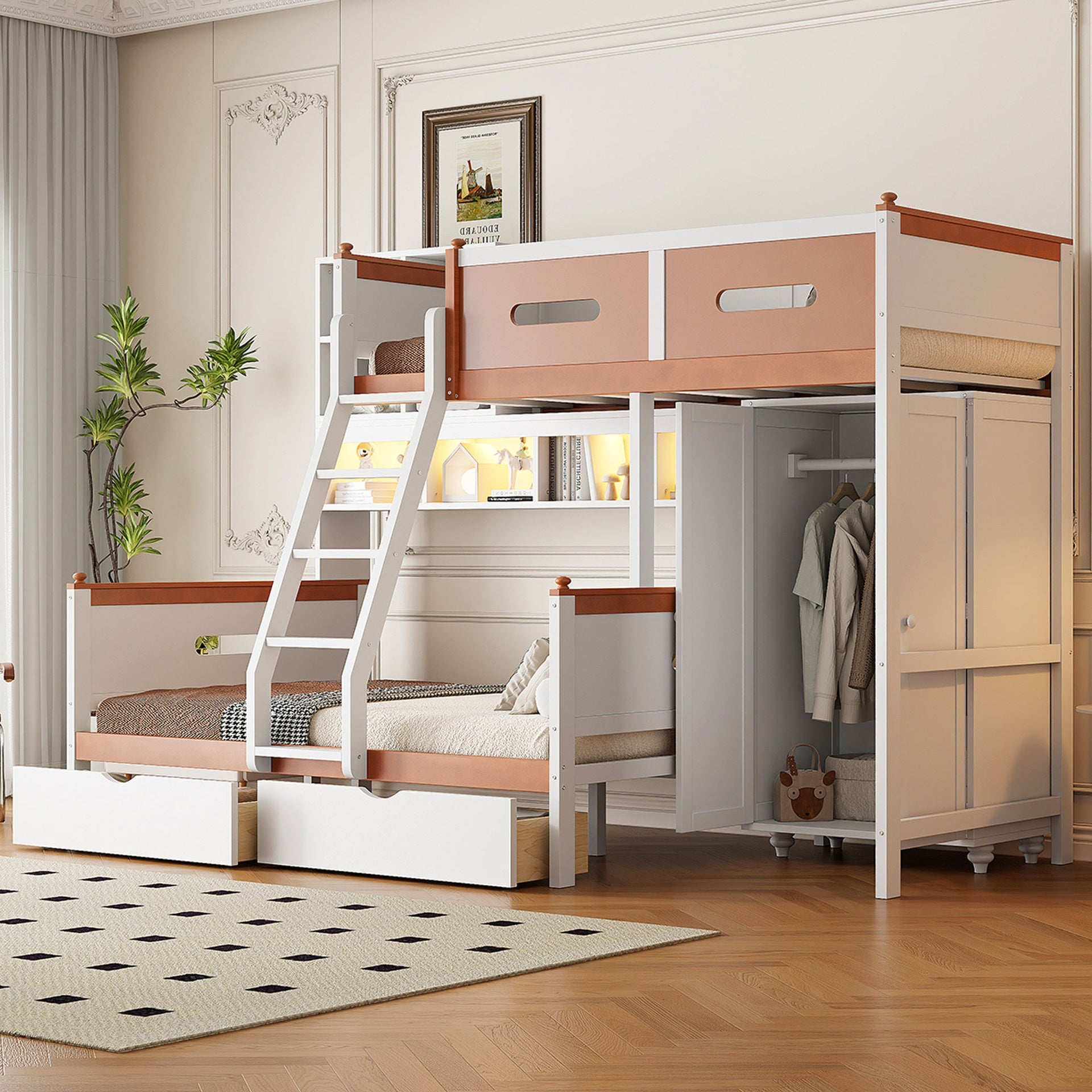 Twin Over Full Wooden Bunk Bed with Wardrobe, Drawers, Shelves and LED light(White+Orange)
