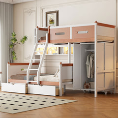 Twin Over Full Wooden Bunk Bed with Wardrobe, Drawers, Shelves and LED light(White+Orange)