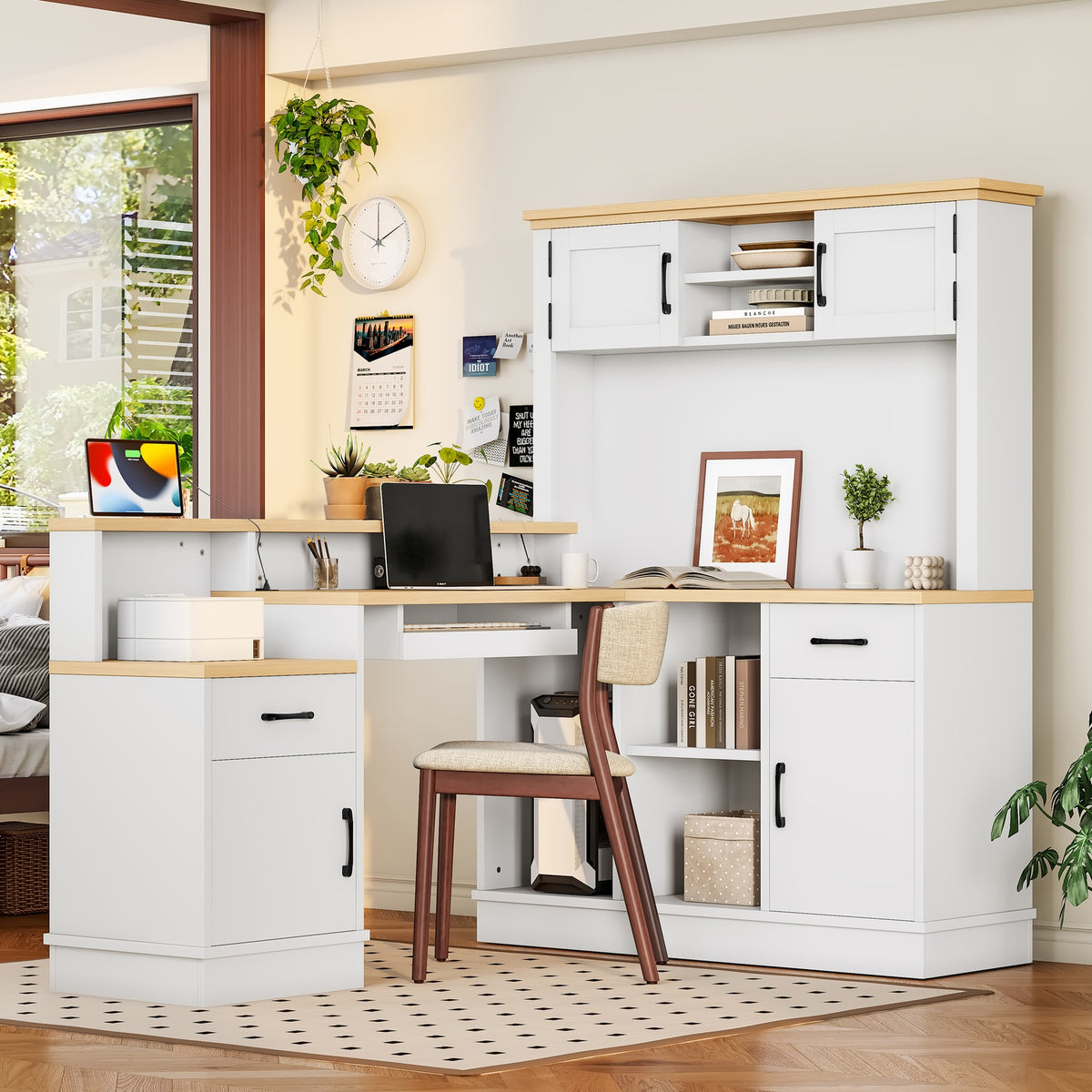 L-Shaped Computer Desk with outlet, Drawers, Bookshelf, Modern Corner Desk, L-Shaped Study Table Writing Desk,Corner Gaming Computer Desk with Storage,White