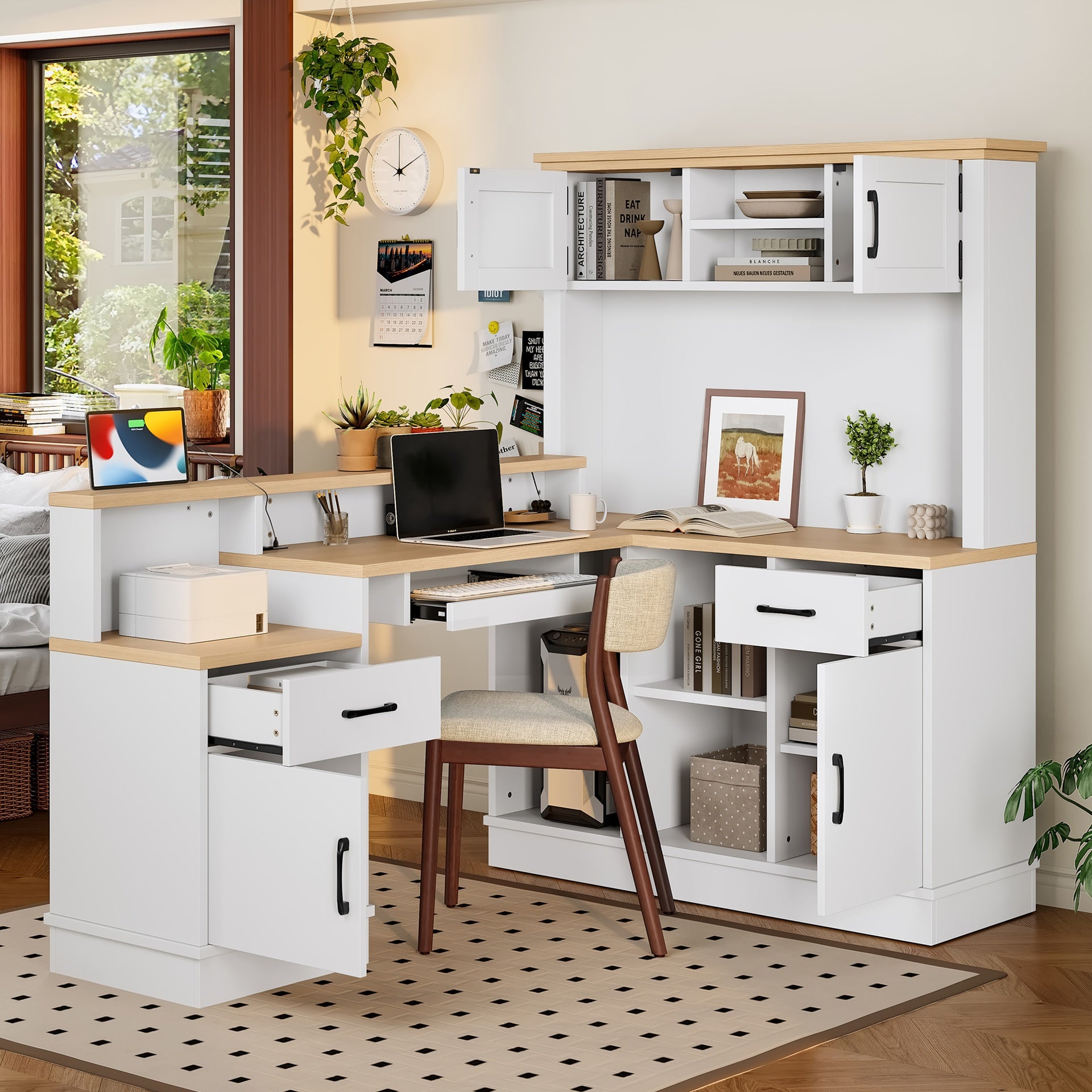 L-Shaped Computer Desk with outlet, Drawers, Bookshelf, Modern Corner Desk, L-Shaped Study Table Writing Desk,Corner Gaming Computer Desk with Storage,White