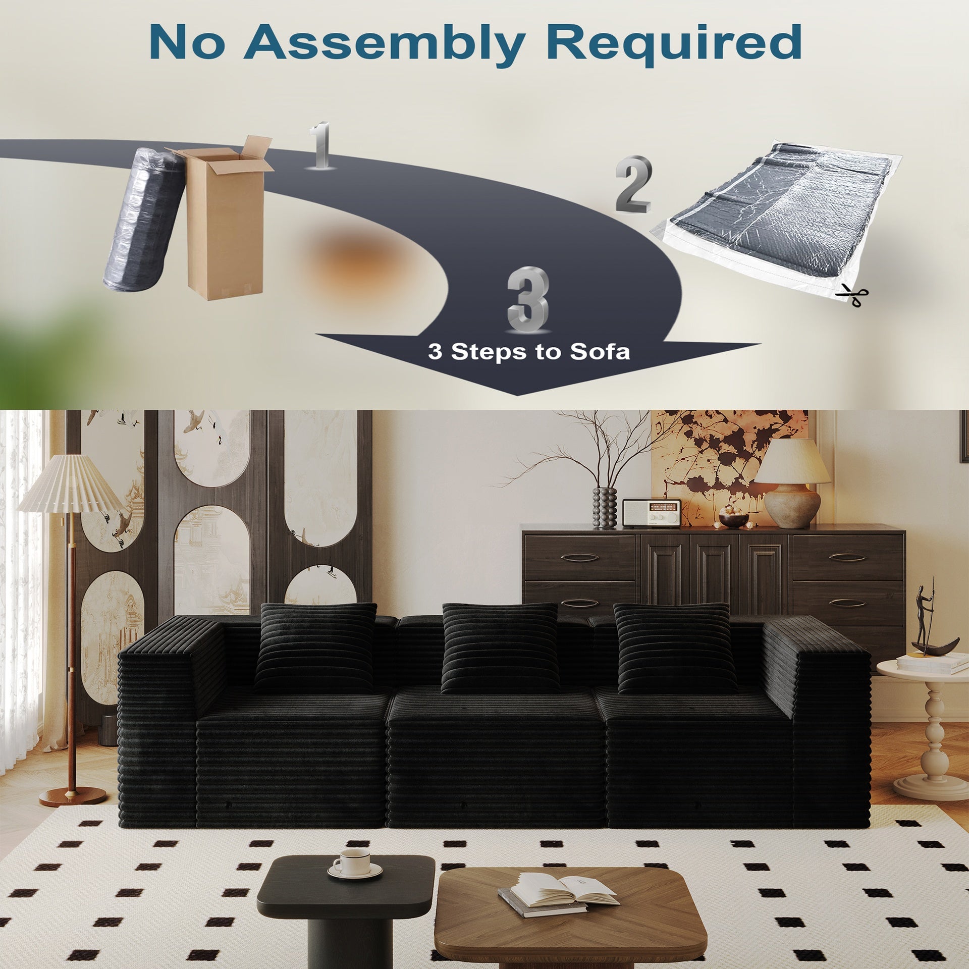 Modular Sectional Couches for Living Room with Deep Seat, Compression Sofa, High Density Memory Foam, Boneless Upholstered Couches, No Assembly (3*Seat)