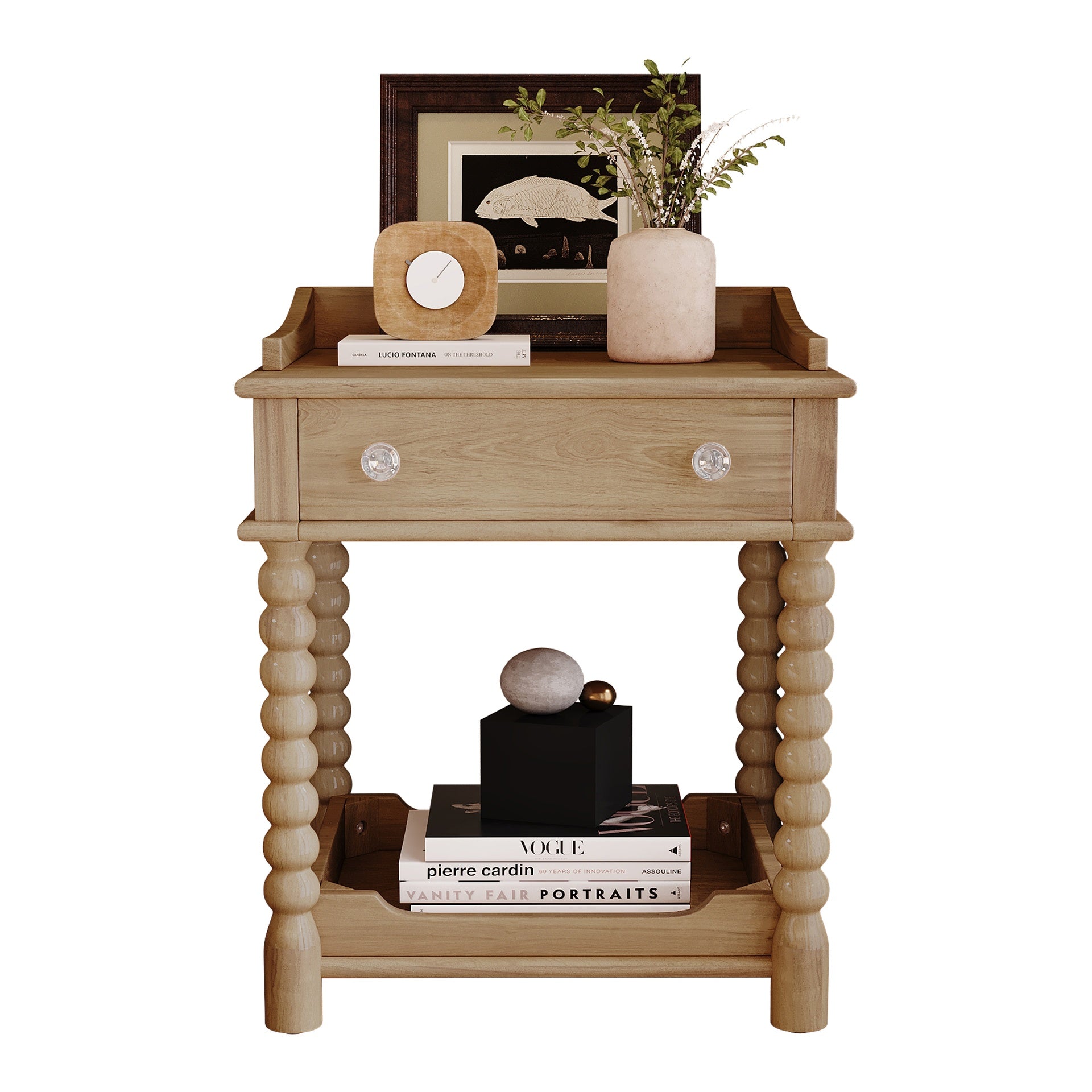 Retro Style Nightstand with Drawer and Open Shelf for Bedroom, Bedside Table with Turned Legs and Metal Handle,Natural