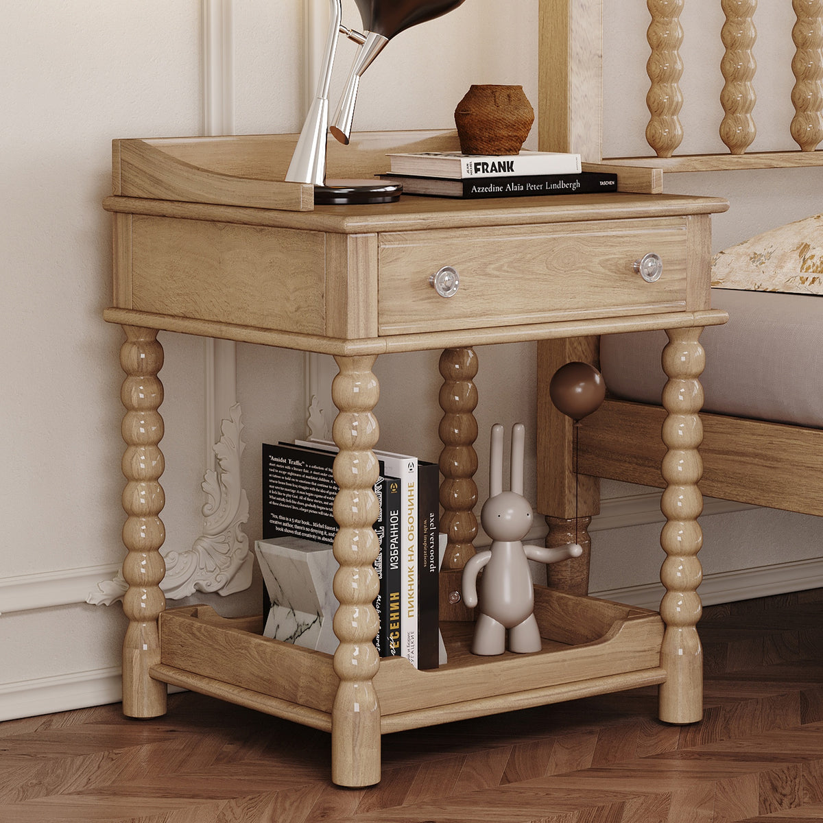 Retro Style Nightstand with Drawer and Open Shelf for Bedroom, Bedside Table with Turned Legs and Metal Handle,Natural