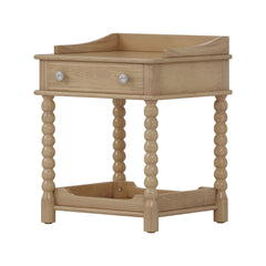 Retro Style Nightstand with Drawer and Open Shelf for Bedroom, Bedside Table with Turned Legs and Metal Handle,Natural