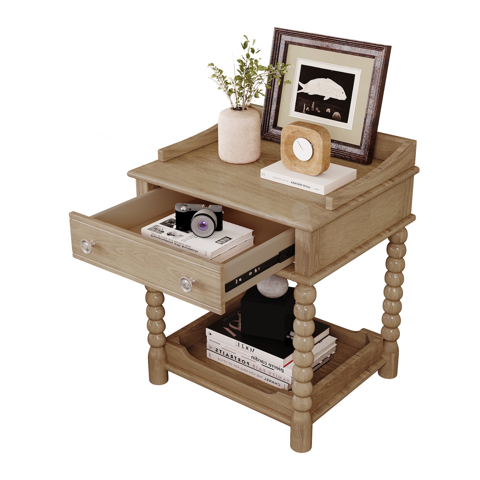 Retro Style Nightstand with Drawer and Open Shelf for Bedroom, Bedside Table with Turned Legs and Metal Handle,Natural