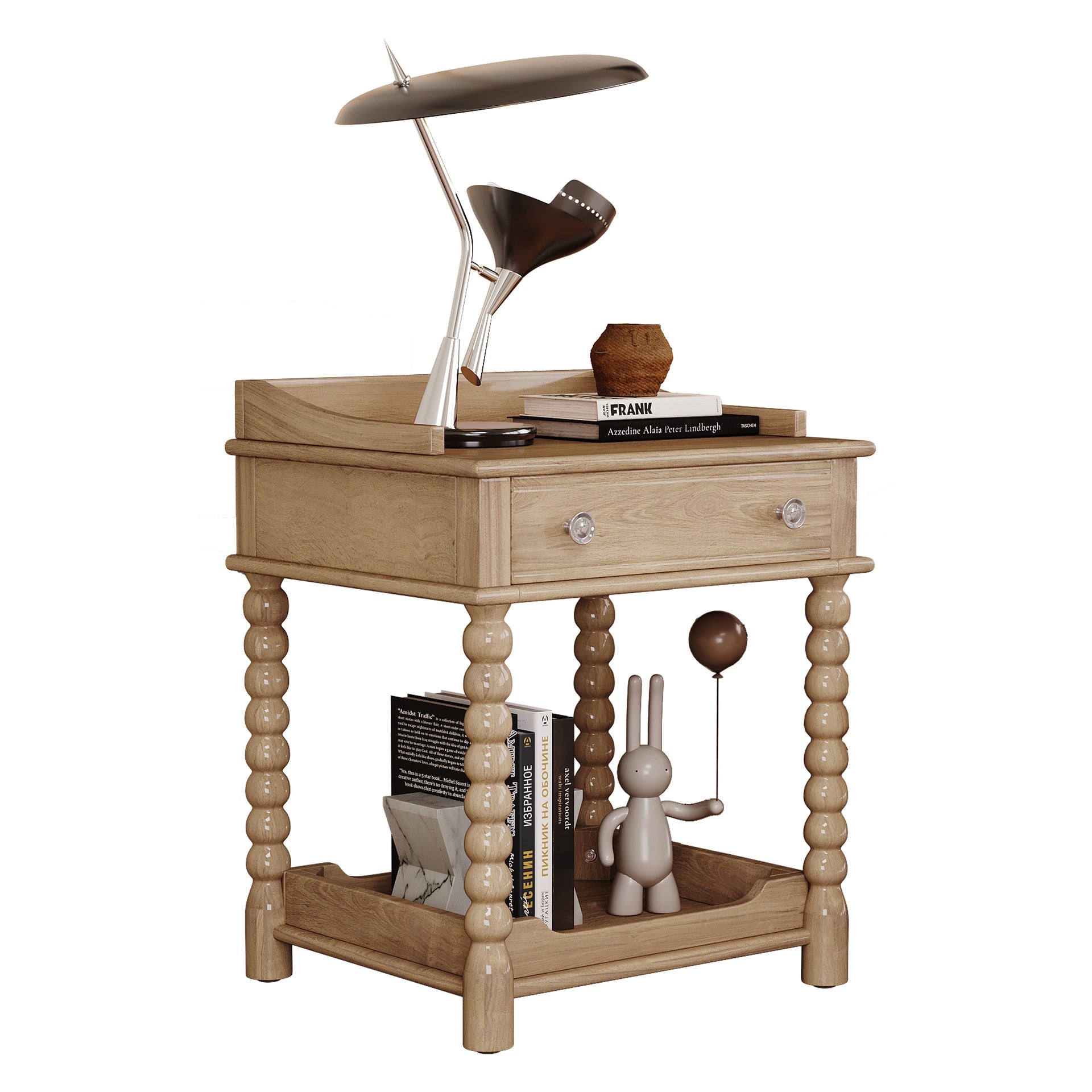 Retro Style Nightstand with Drawer and Open Shelf for Bedroom, Bedside Table with Turned Legs and Metal Handle,Natural