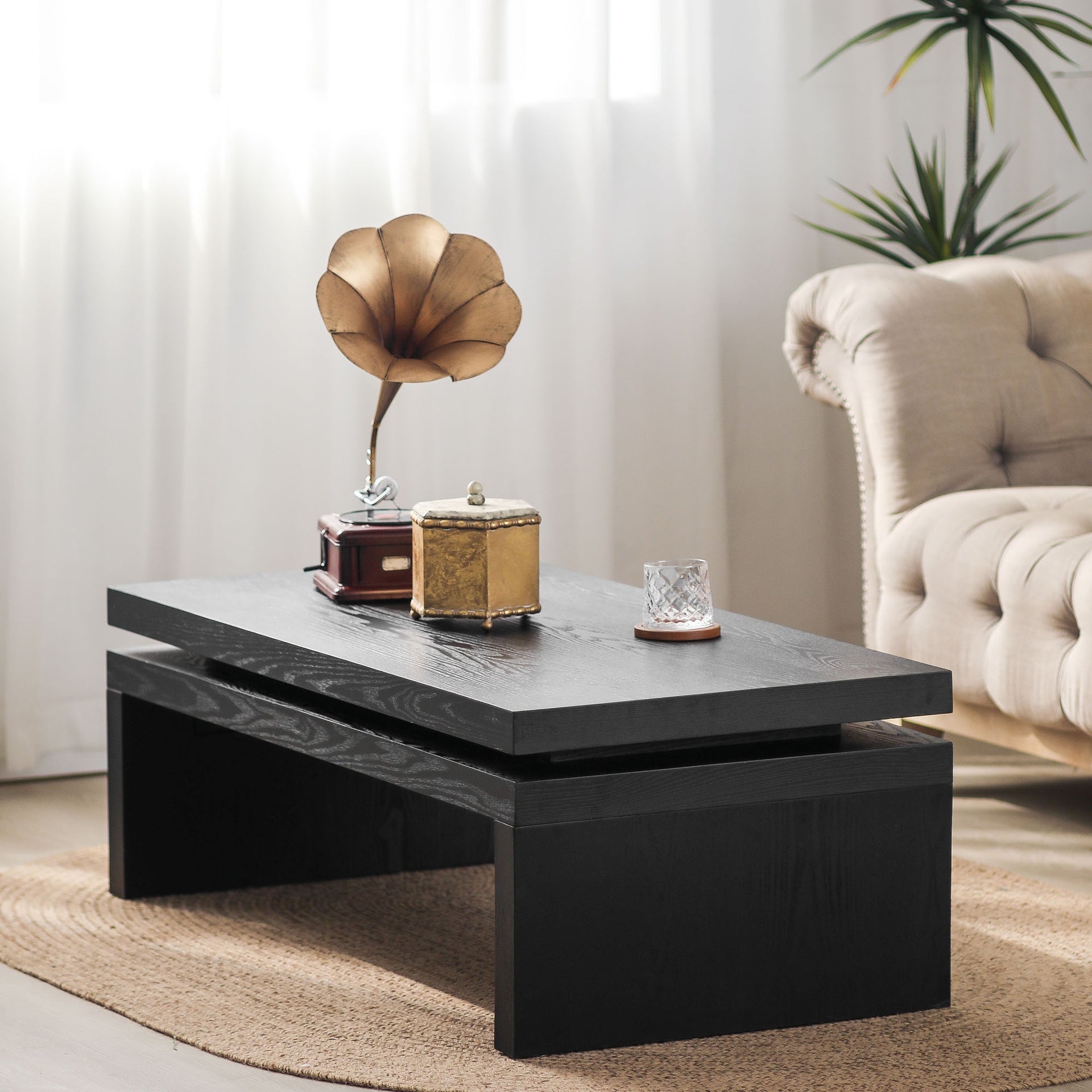Modern Black Wood Coffee Table – Sleek Floating Top Design for Living Room 47.6" L* 23.6" W * 16.3" H