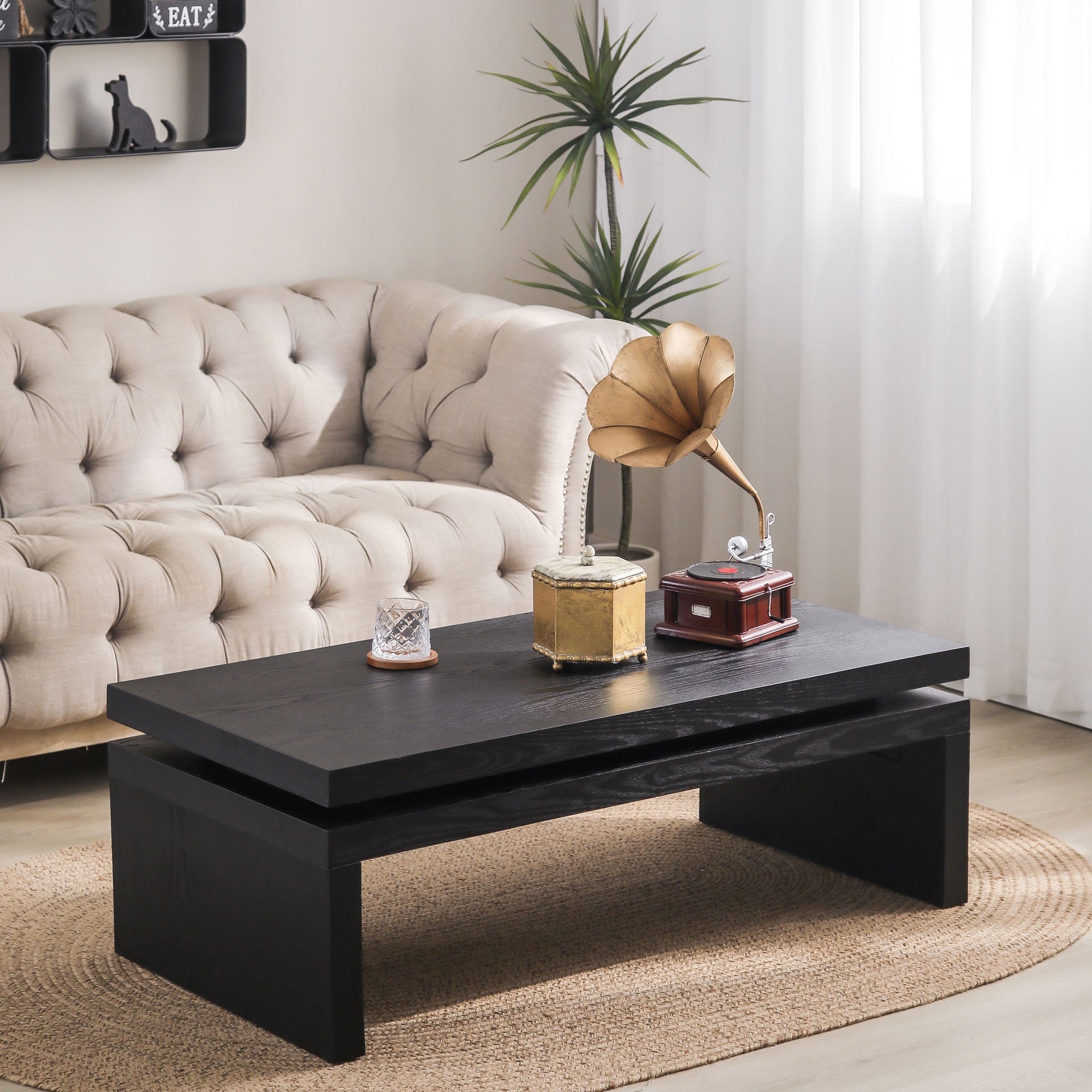 Modern Black Wood Coffee Table – Sleek Floating Top Design for Living Room 47.6" L* 23.6" W * 16.3" H