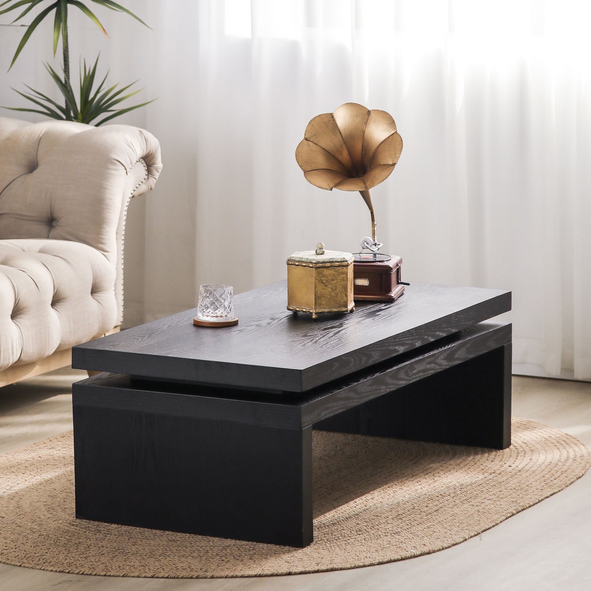 Modern Black Wood Coffee Table – Sleek Floating Top Design for Living Room 47.6" L* 23.6" W * 16.3" H