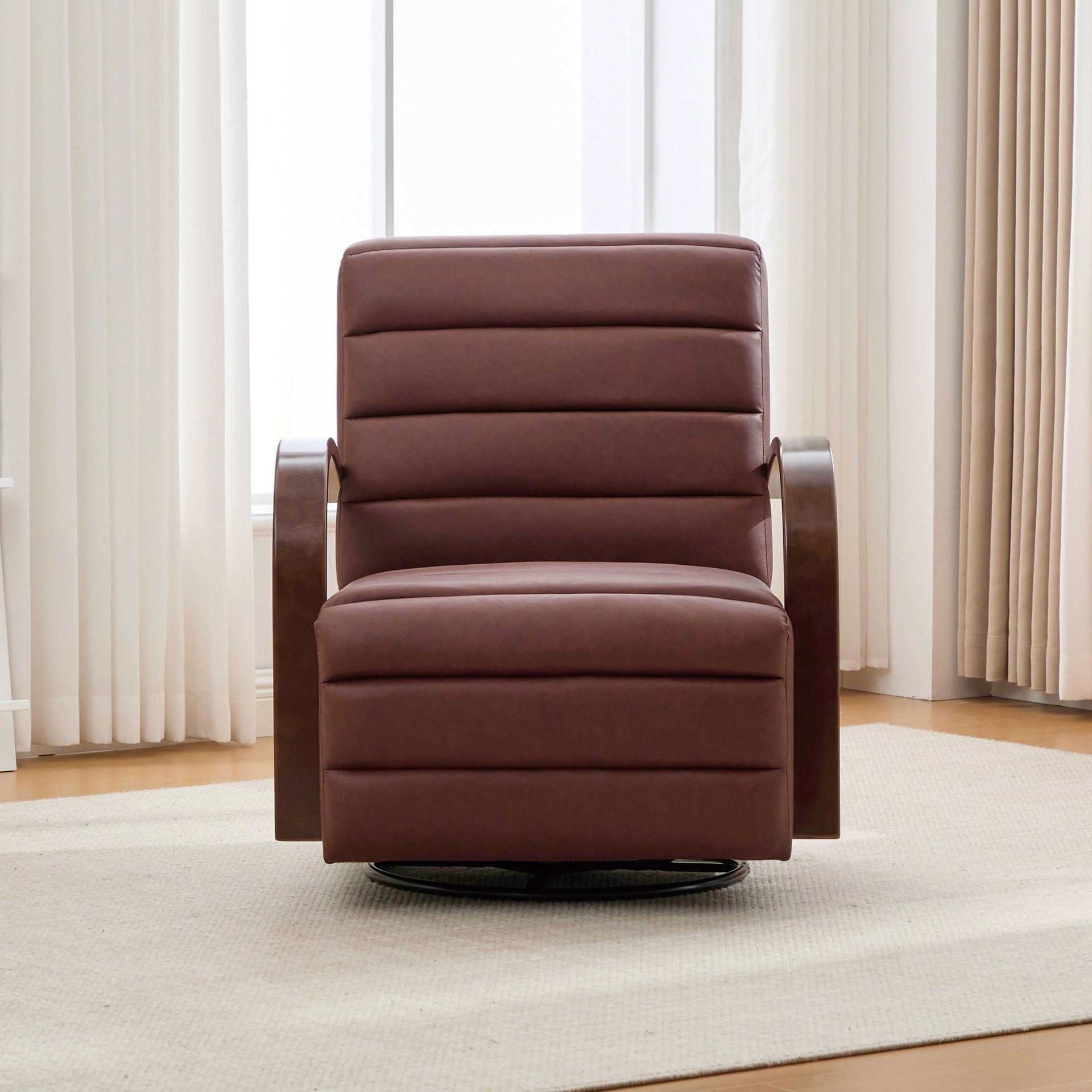 30.7"W Modern Upholstered 360° Swivel Accent Chair with Solid Wood Armrests and Comfy Channel Tufted Lounge Reading Chair, Single Sofa Armchair for Hotel Bedroom Living Room Office and Bedroom. Brown