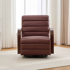 30.7"W Modern Upholstered 360° Swivel Accent Chair with Solid Wood Armrests and Comfy Channel Tufted Lounge Reading Chair, Single Sofa Armchair for Hotel Bedroom Living Room Office and Bedroom. Brown