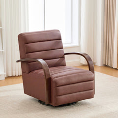 30.7"W Modern Upholstered 360° Swivel Accent Chair with Solid Wood Armrests and Comfy Channel Tufted Lounge Reading Chair, Single Sofa Armchair for Hotel Bedroom Living Room Office and Bedroom. Brown