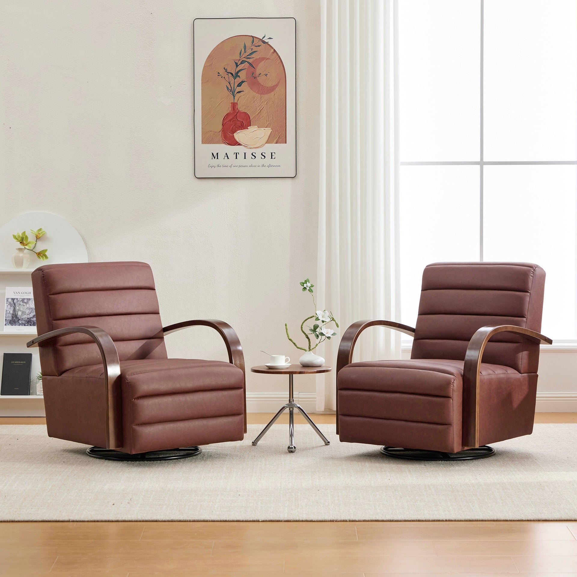 30.7"W Modern Upholstered 360° Swivel Accent Chair with Solid Wood Armrests and Comfy Channel Tufted Lounge Reading Chair, Single Sofa Armchair for Hotel Bedroom Living Room Office and Bedroom. Brown