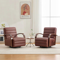 30.7"W Modern Upholstered 360° Swivel Accent Chair with Solid Wood Armrests and Comfy Channel Tufted Lounge Reading Chair, Single Sofa Armchair for Hotel Bedroom Living Room Office and Bedroom. Brown