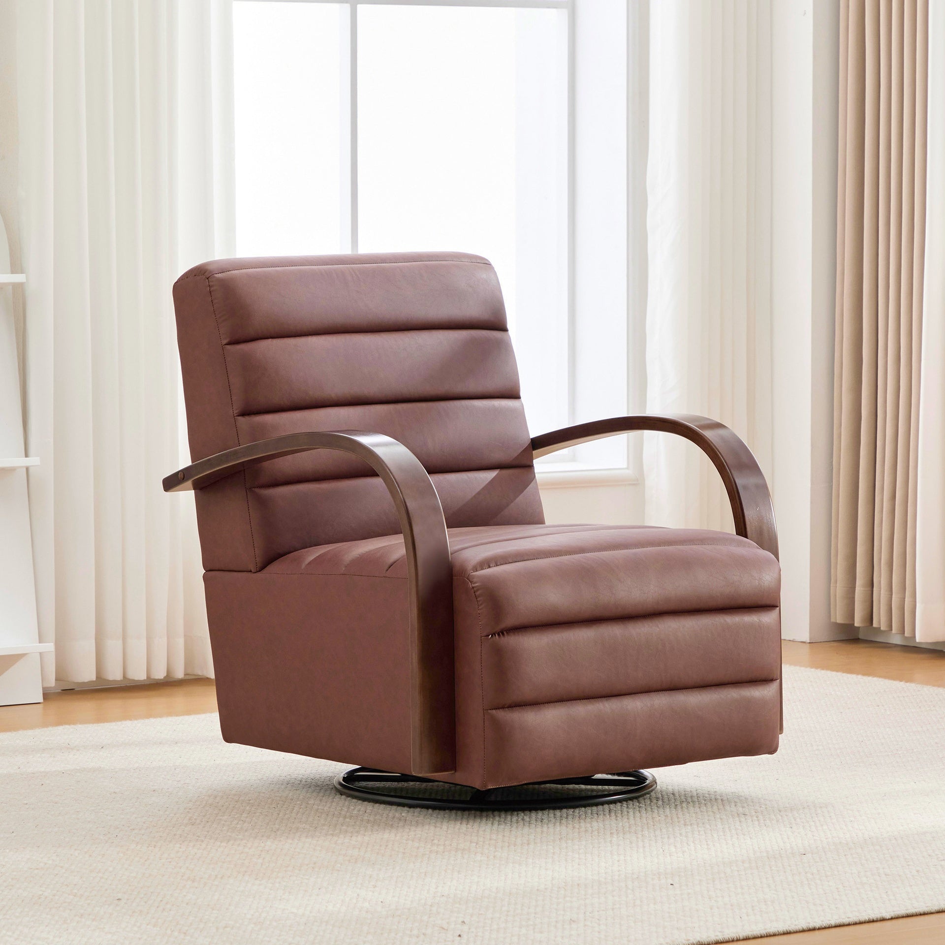 30.7"W Modern Upholstered 360° Swivel Accent Chair with Solid Wood Armrests and Comfy Channel Tufted Lounge Reading Chair, Single Sofa Armchair for Hotel Bedroom Living Room Office and Bedroom. Brown