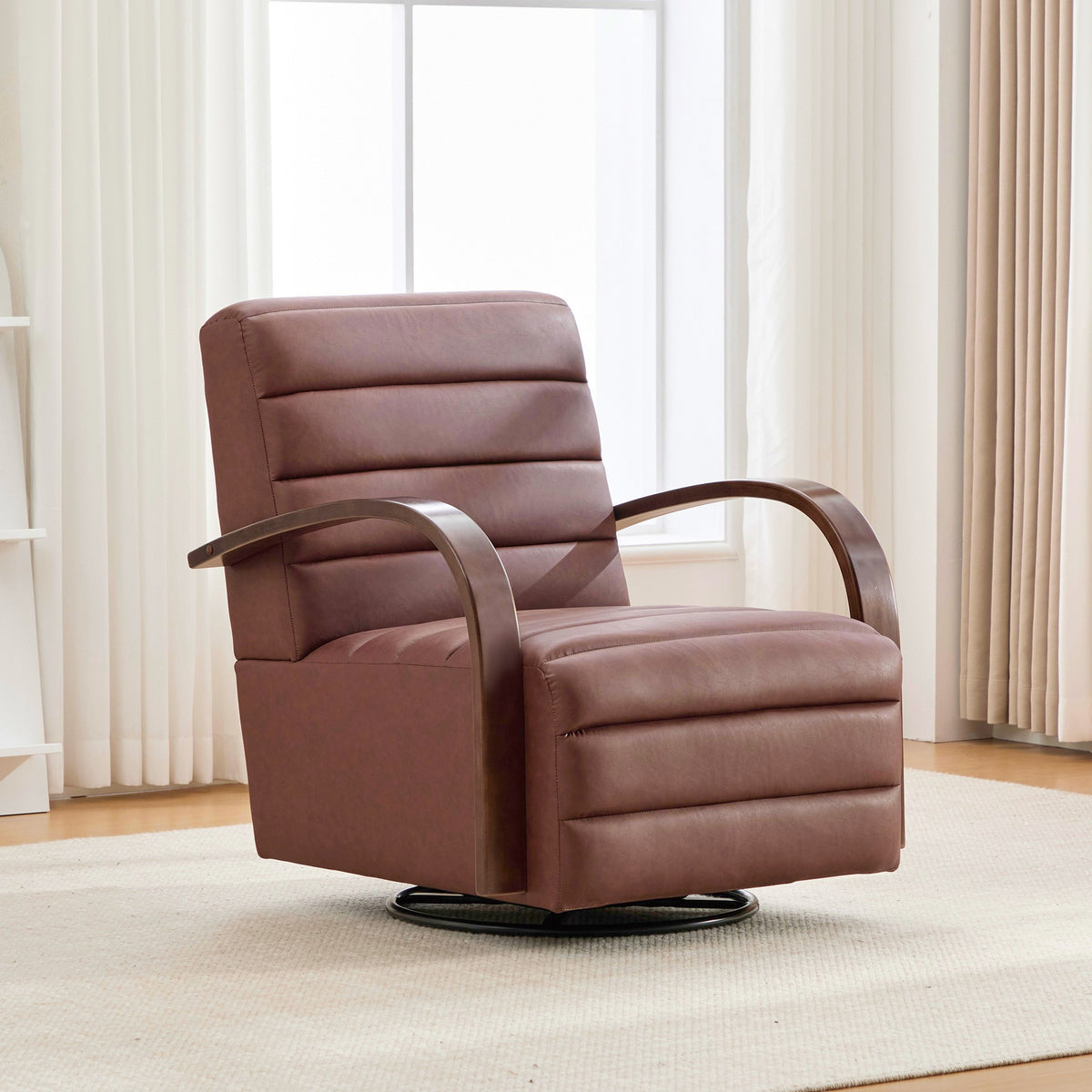 30.7"W Modern Upholstered 360° Swivel Accent Chair with Solid Wood Armrests and Comfy Channel Tufted Lounge Reading Chair, Single Sofa Armchair for Hotel Bedroom Living Room Office and Bedroom. Brown