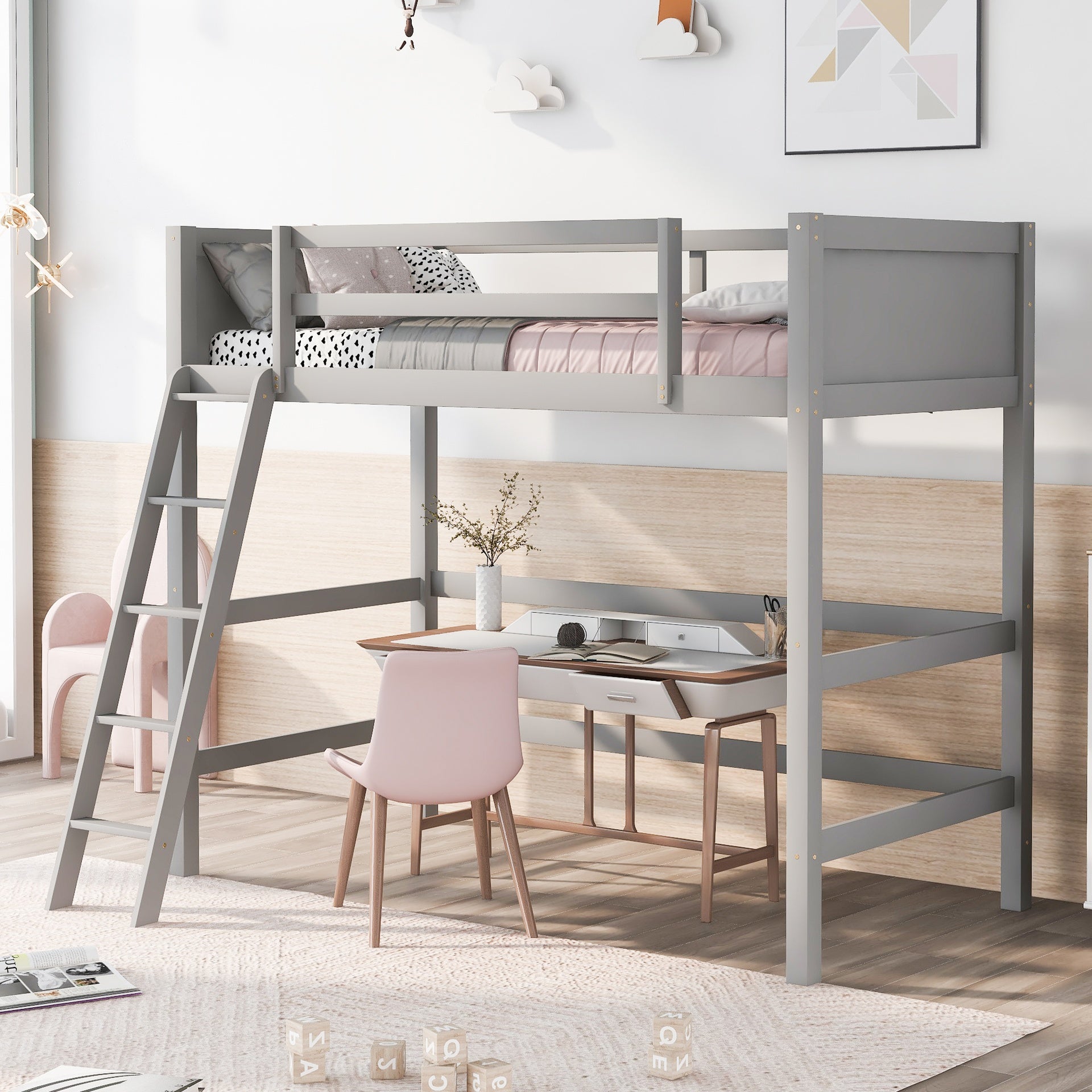 Solid Wood Twin Size Loft Bed with Ladder(Gray)(OLD SKU: WF292330AAE)