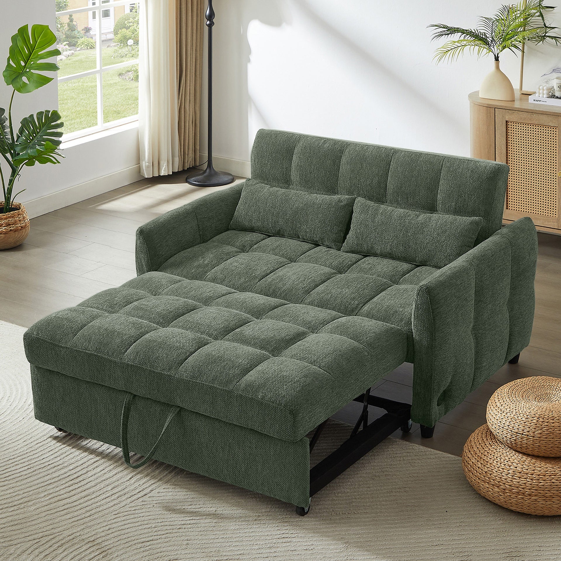 52.8" Loveseat Sofa Pull-out Sofa Bed Tufted Sleeper Sofa with an Adjustable Backrest, Three USB Ports and Two Lumbar Pillows for Living Room, Green