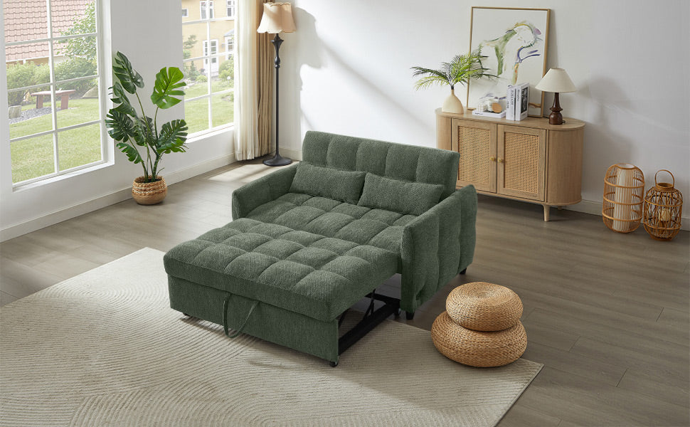52.8" Loveseat Sofa Pull-out Sofa Bed Tufted Sleeper Sofa with an Adjustable Backrest, Three USB Ports and Two Lumbar Pillows for Living Room, Green