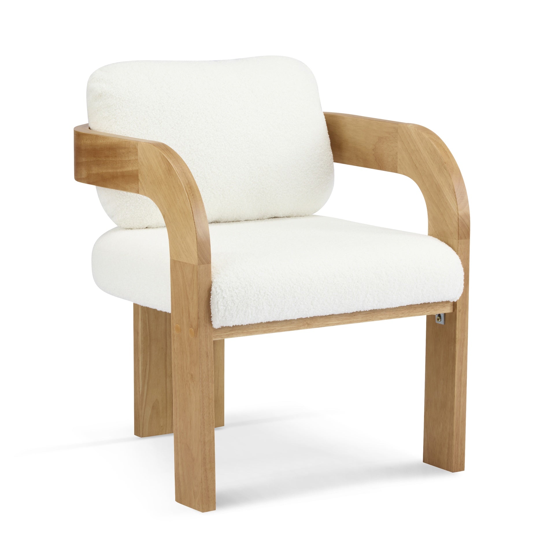 2-Pack Dining Chairs with Pillow Back, White Boucle Fabric, Natural Color Solid Wood Frame