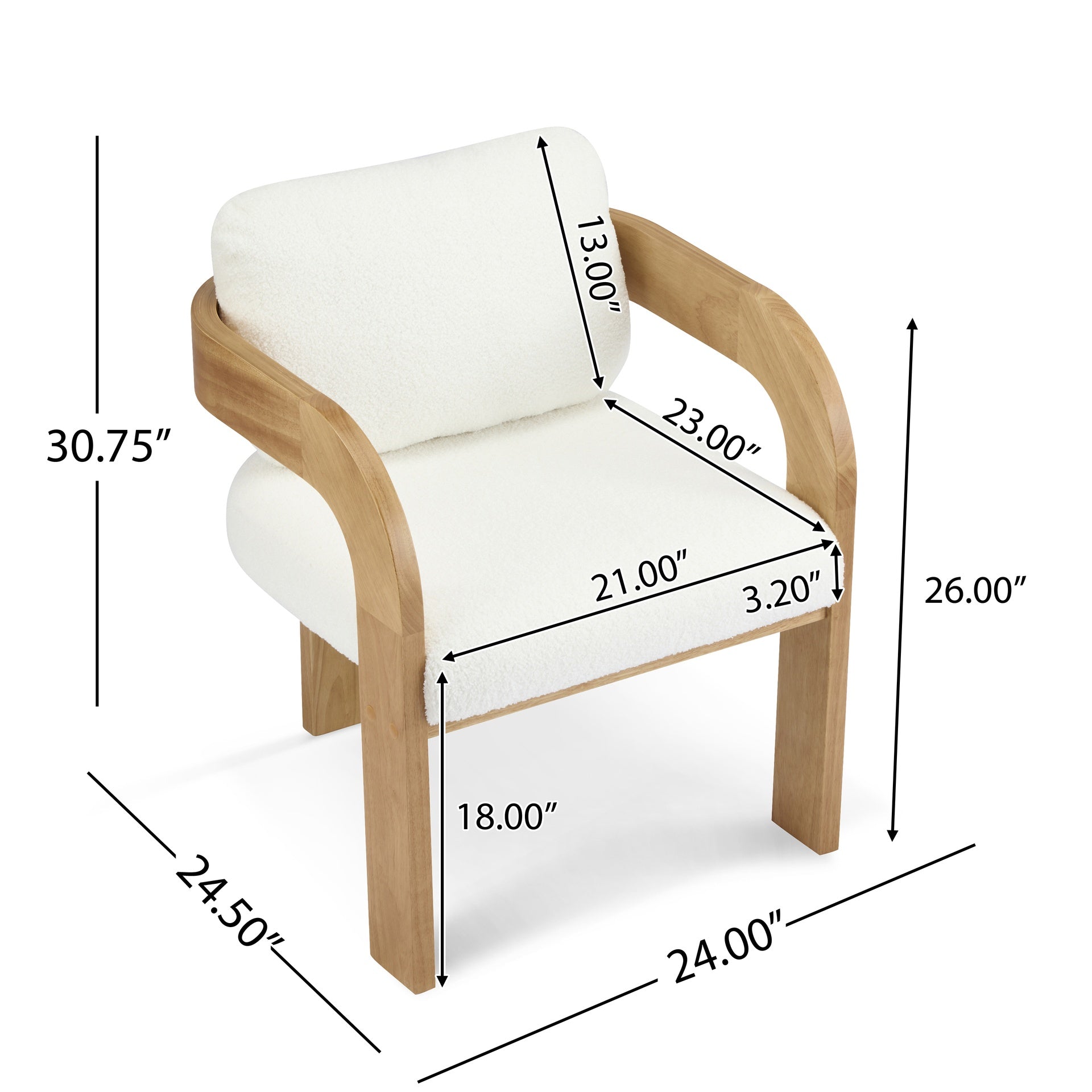 2-Pack Dining Chairs with Pillow Back, White Boucle Fabric, Natural Color Solid Wood Frame