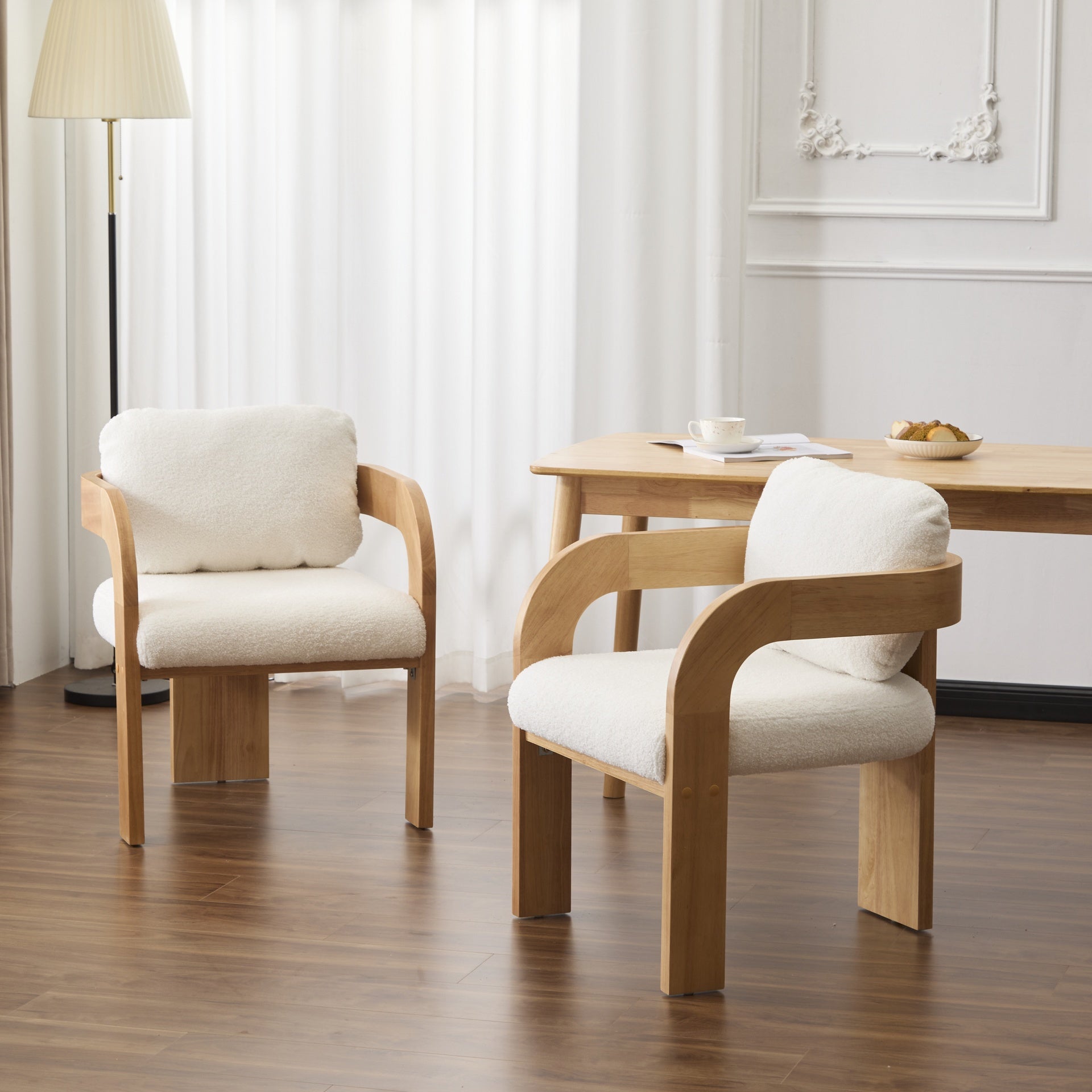 2-Pack Dining Chairs with Pillow Back, White Boucle Fabric, Natural Color Solid Wood Frame