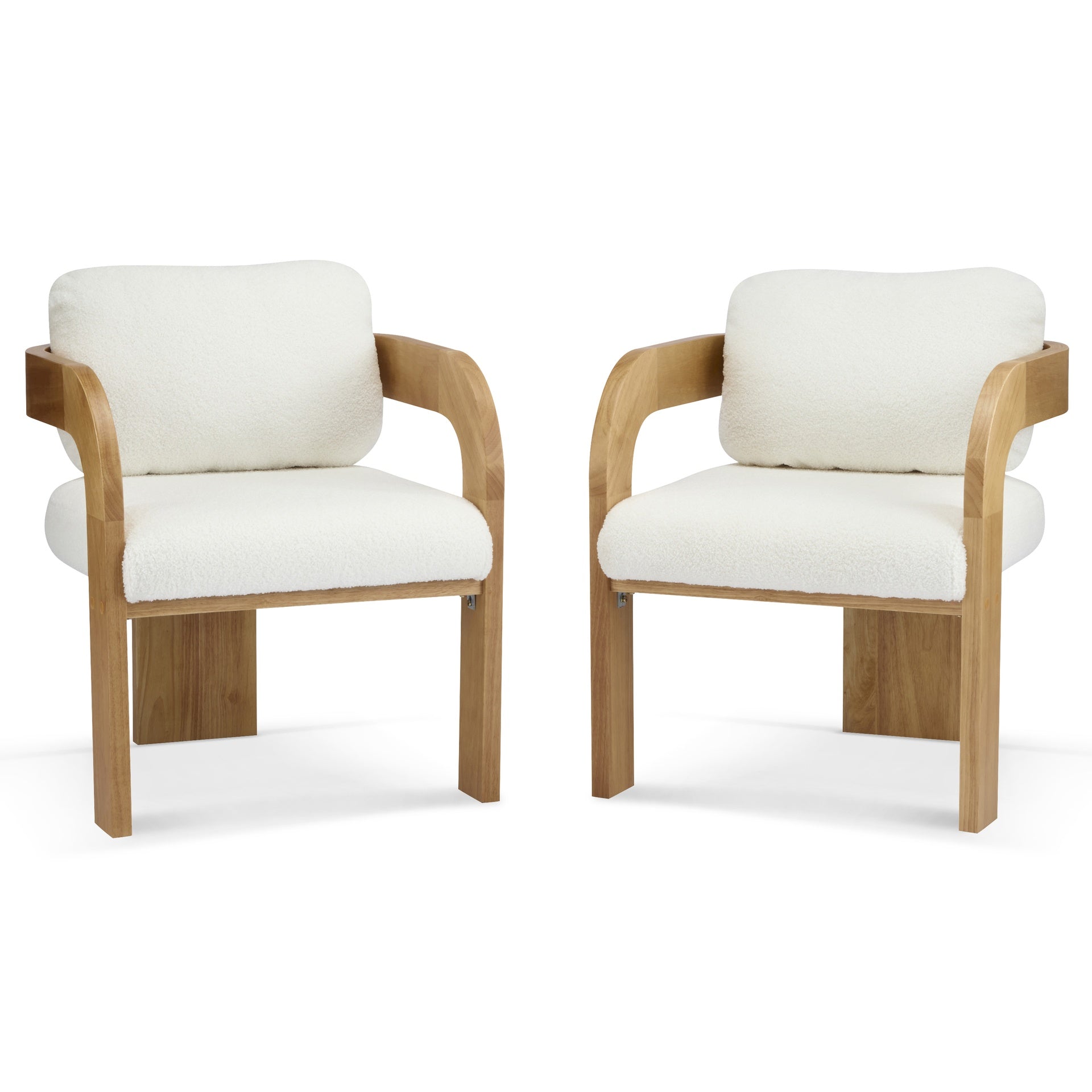 2-Pack Dining Chairs with Pillow Back, White Boucle Fabric, Natural Color Solid Wood Frame